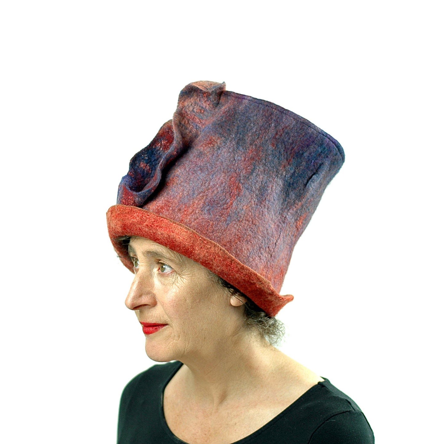 Purple and Orange Felted Top Hat Inspired by Monet Painting - other side view