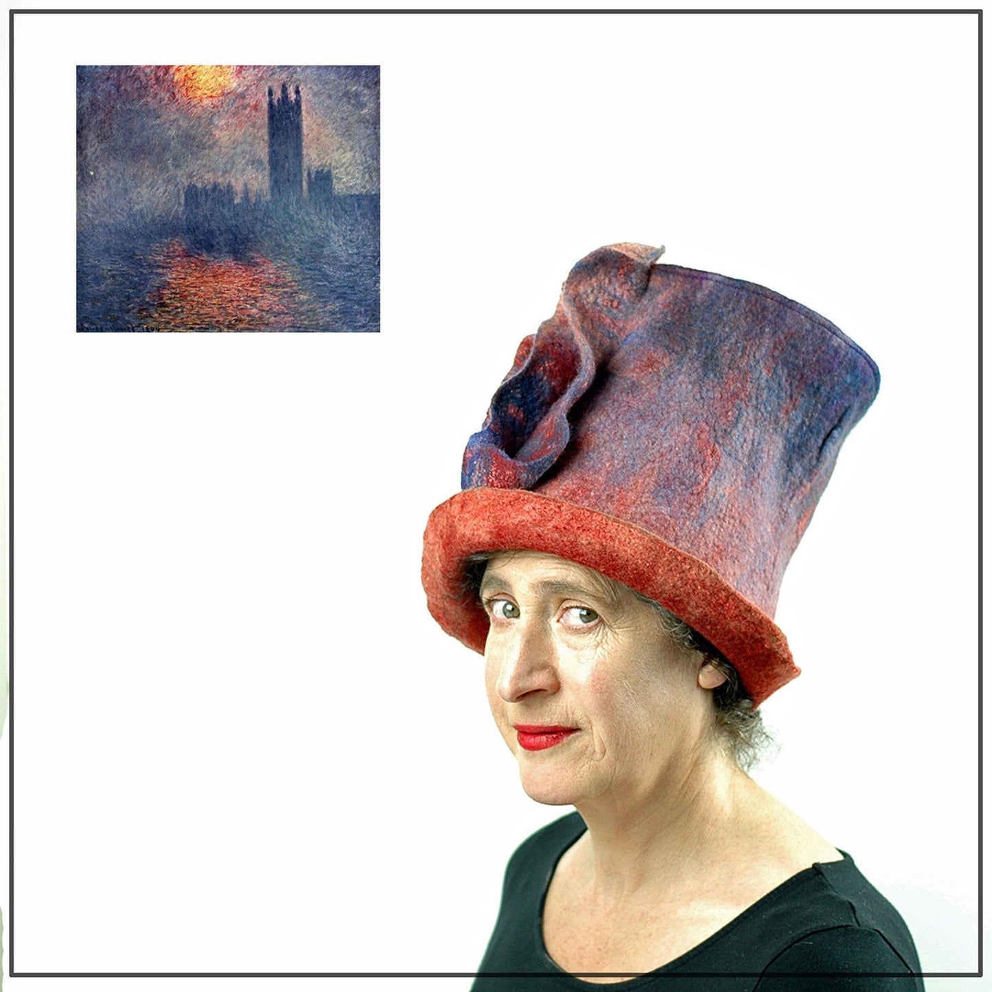 Monet's 'Houses of Parliment' and the Felted Top Hat in Purple and Orange that was inspired by it.