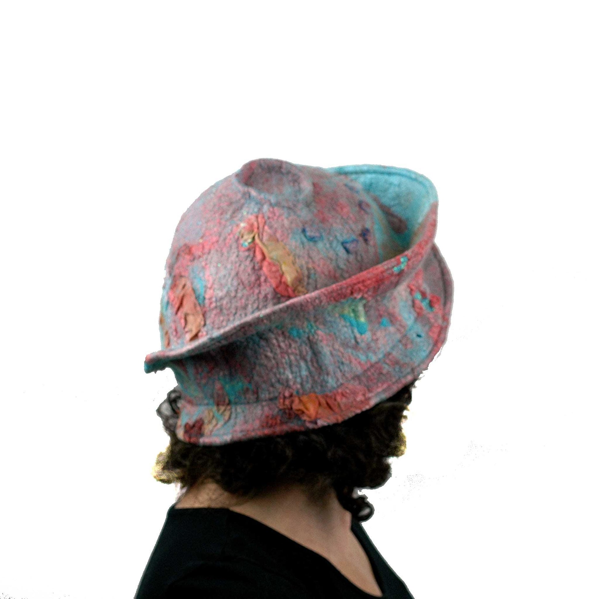 Felted Wearable Art Hat in Coral and Turquoise - back view