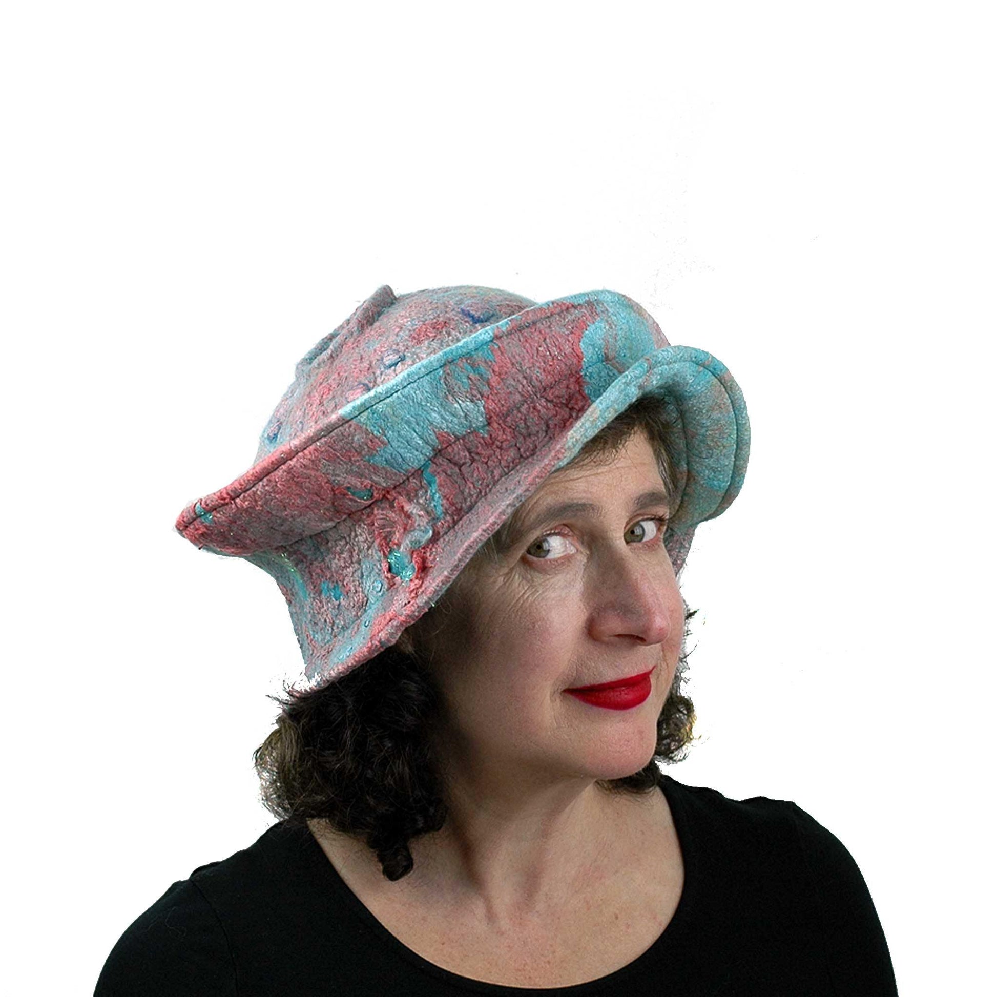 Felted Wearable Art Hat in Coral and Turquoise - threequarters view