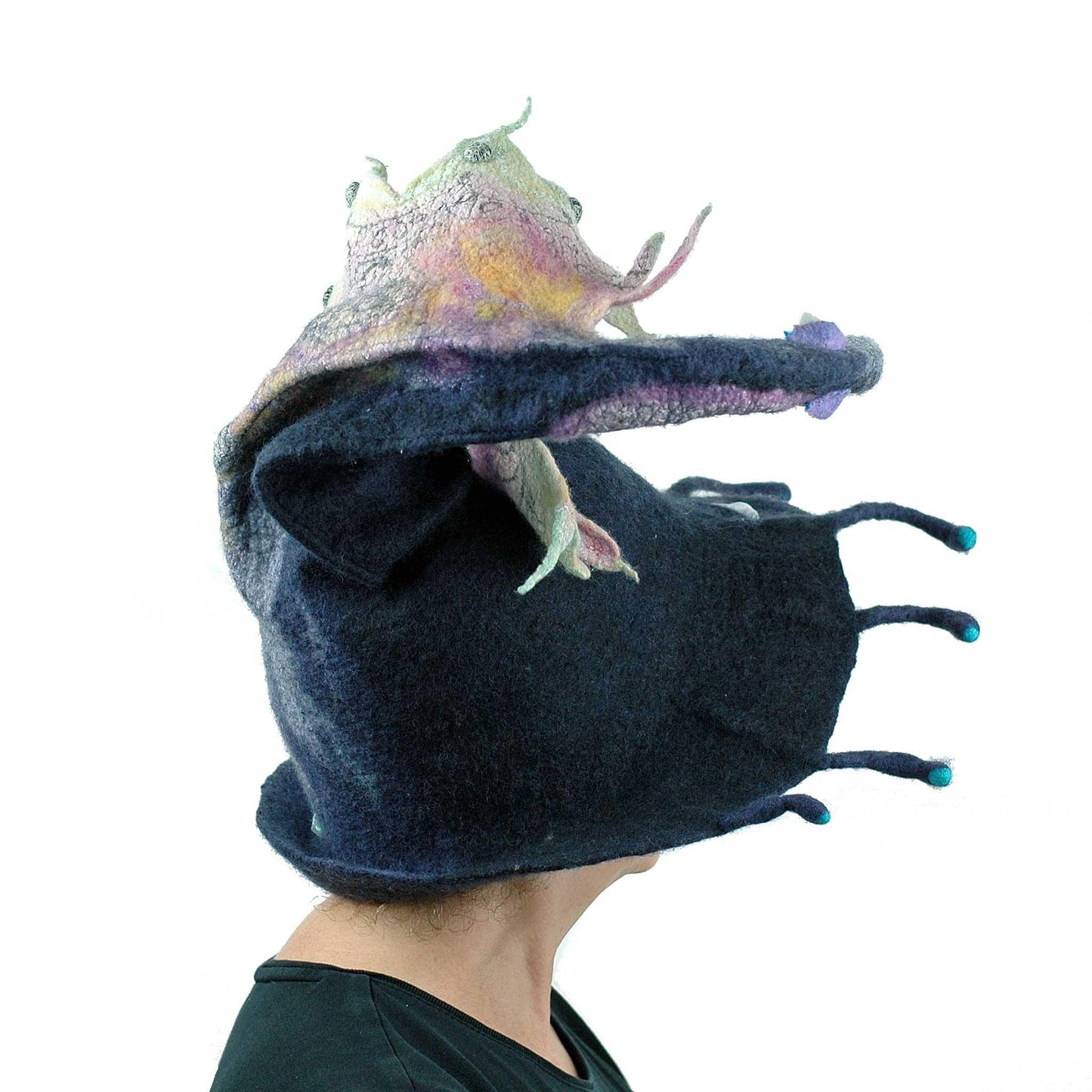 Felted Witch Hat with Rainbow Dragon - backview