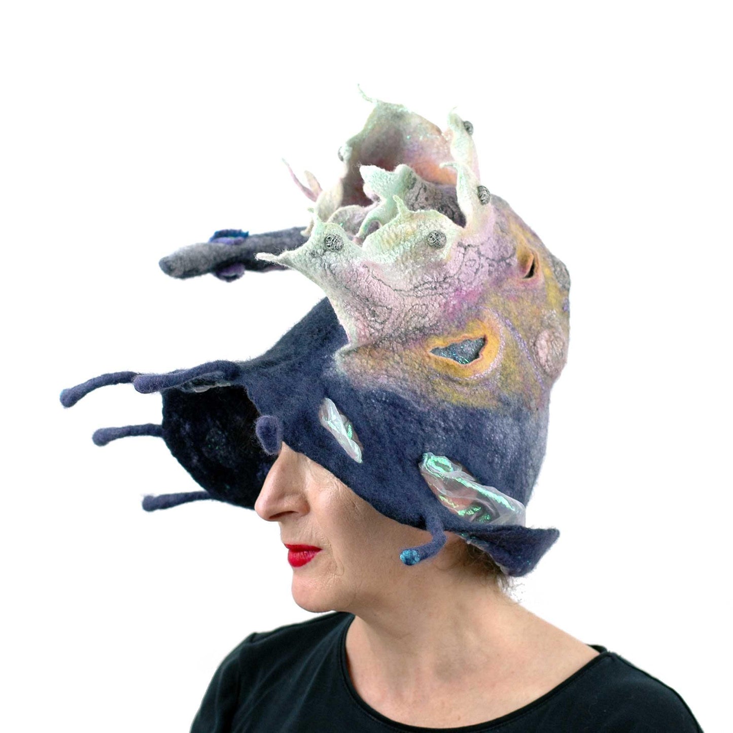 Felted Witch Hat with Rainbow Dragon - side view