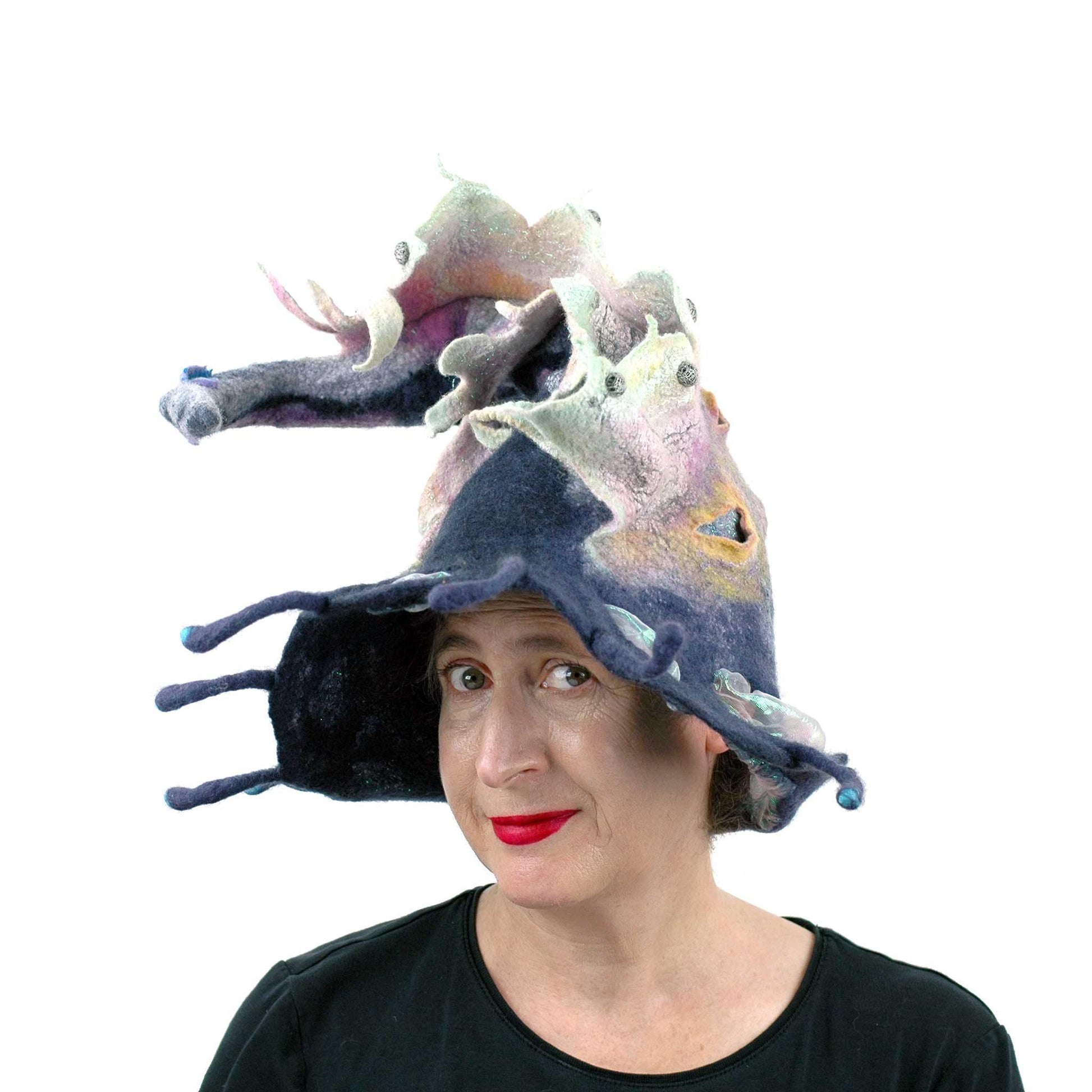 Felted Witch Hat with Rainbow Dragon - three quarters view