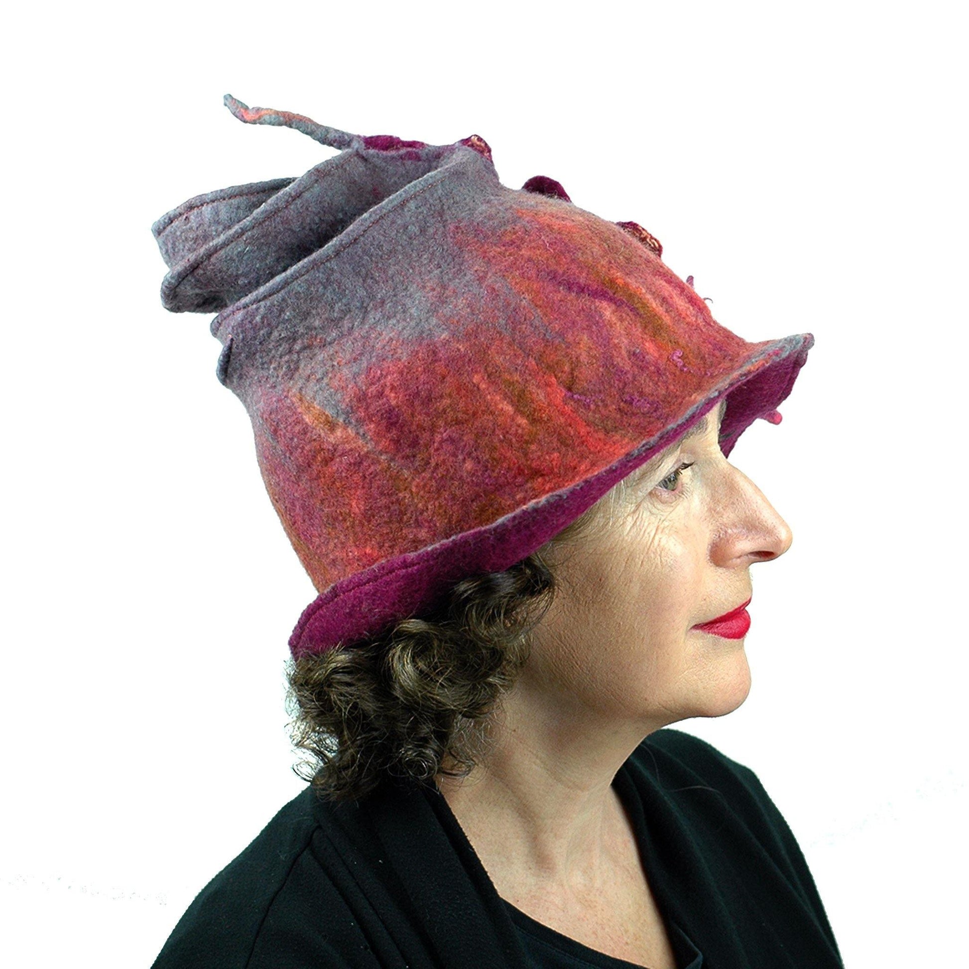 Felted Wizard Hat in Coral, Magenta and Gray -side view