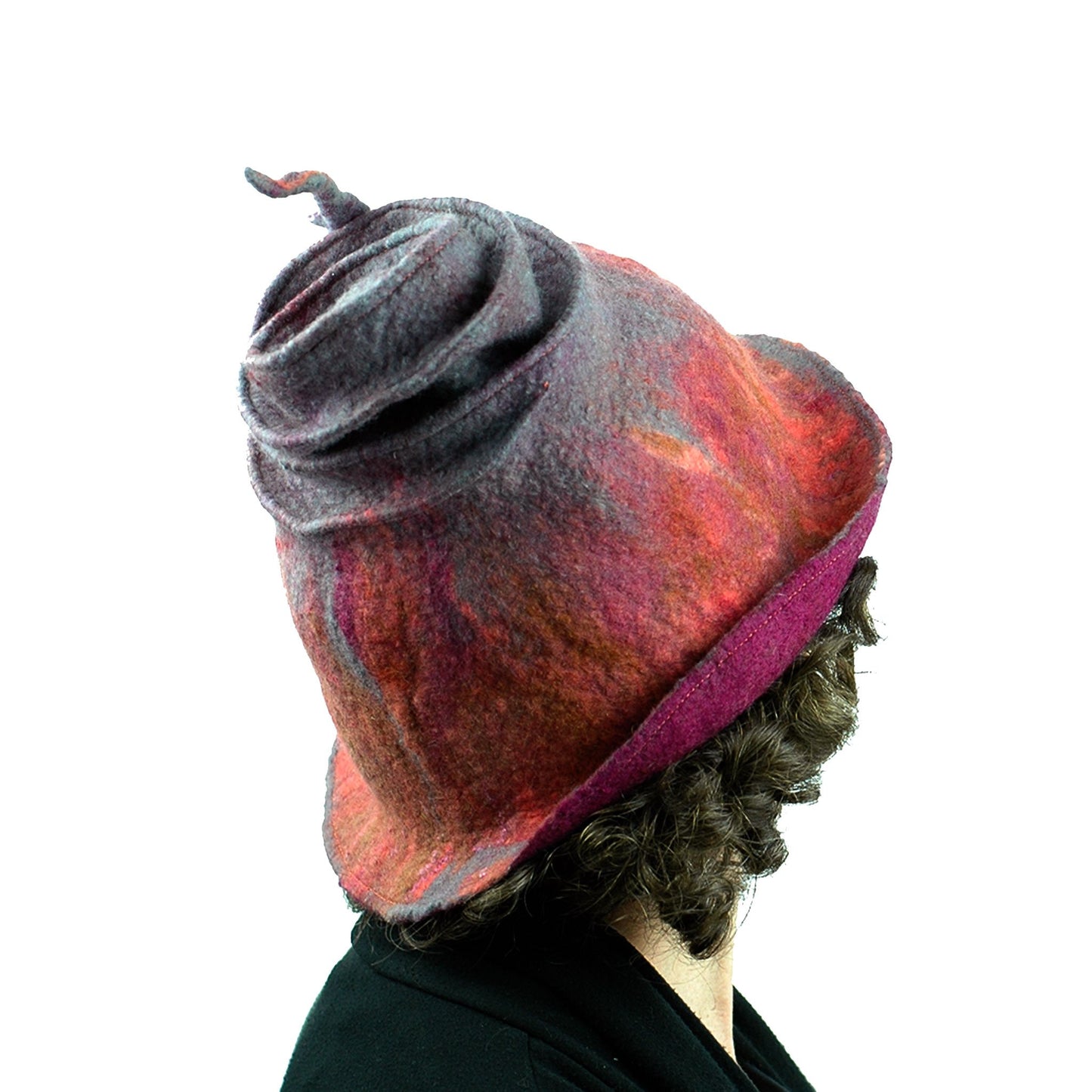 Felted Wizard Hat in Coral, Magenta and Gray - back view