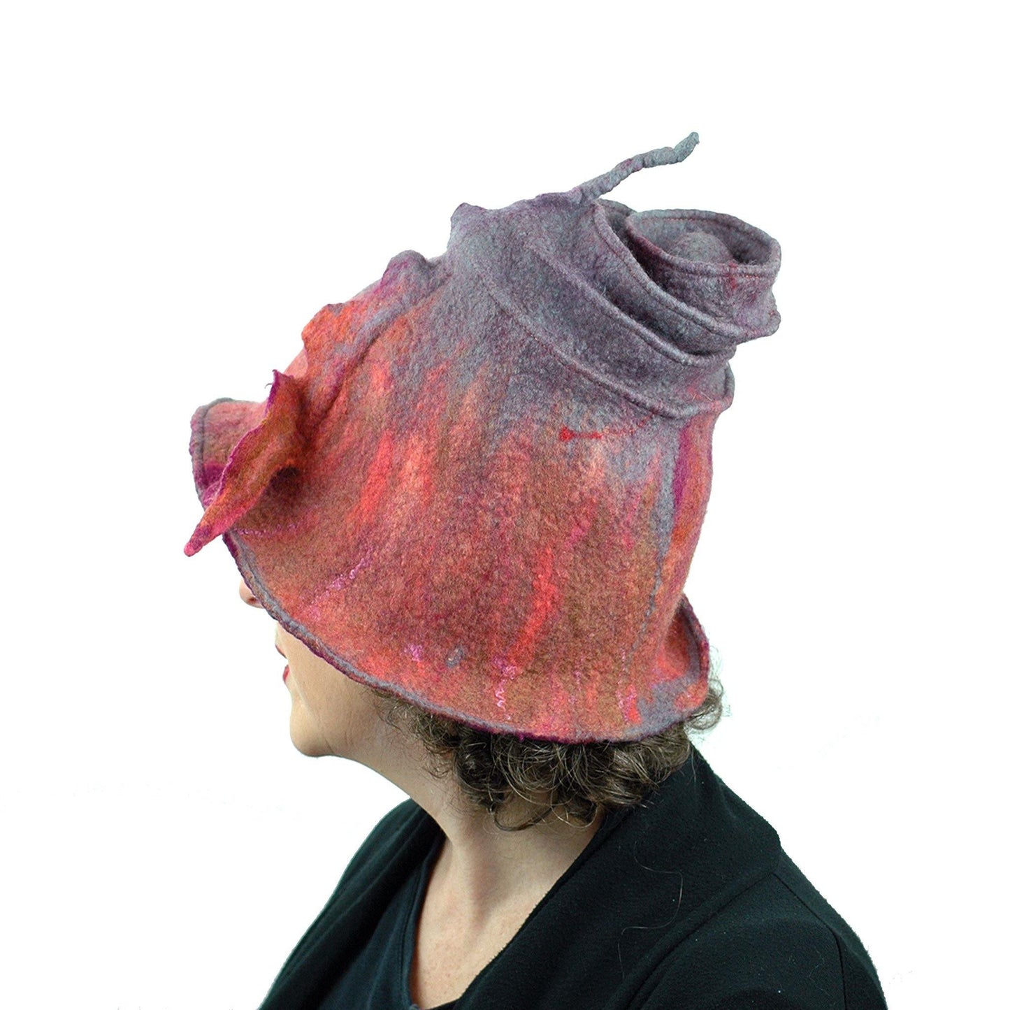Felted Wizard Hat in Coral, Magenta and Gray - sideback view