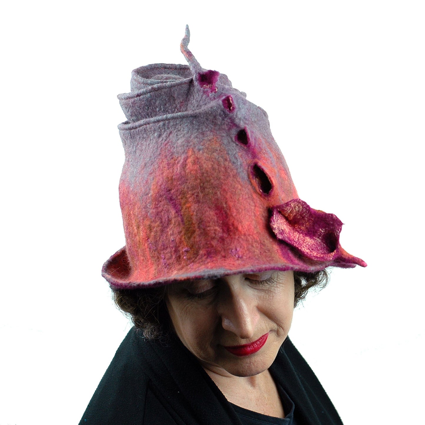 Felted Wizard Hat in Coral, Magenta and Gray - top view