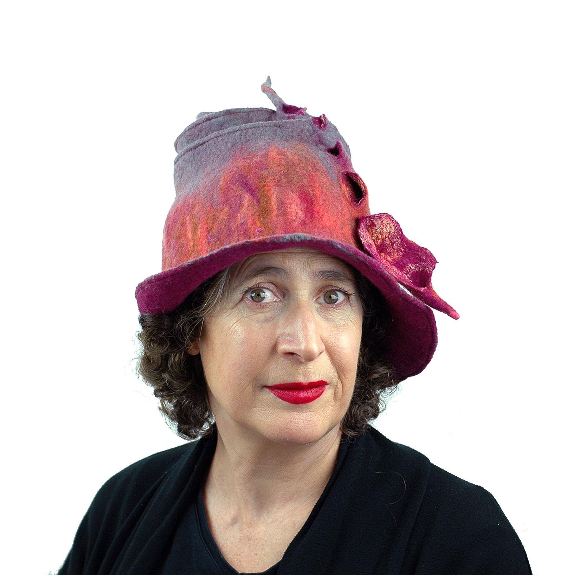 Felted Wizard Hat in Coral, Magenta and Gray - front view