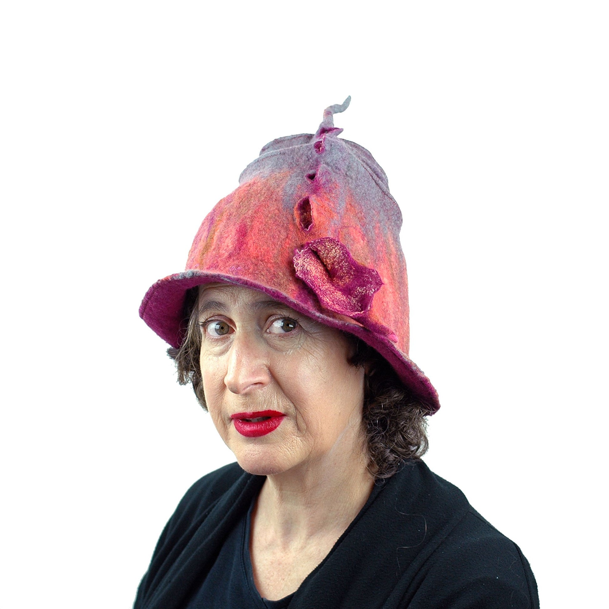 Felted Wizard Hat in Coral, Magenta and Gray - threequarters view