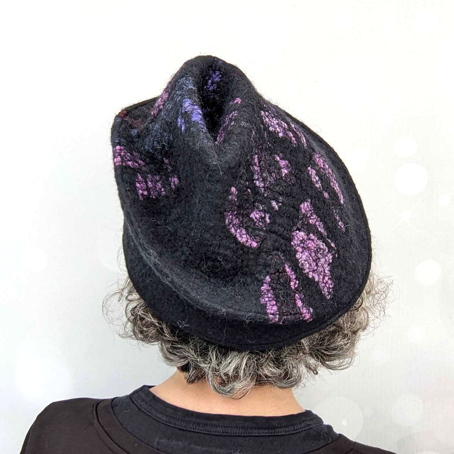 Felted Wool Toque in Black with Vibrant Stained Glass Colors - backview