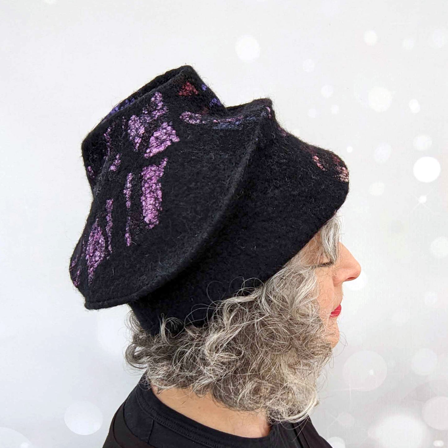 Felted Wool Toque in Black with Vibrant Stained Glass Colors - sideview