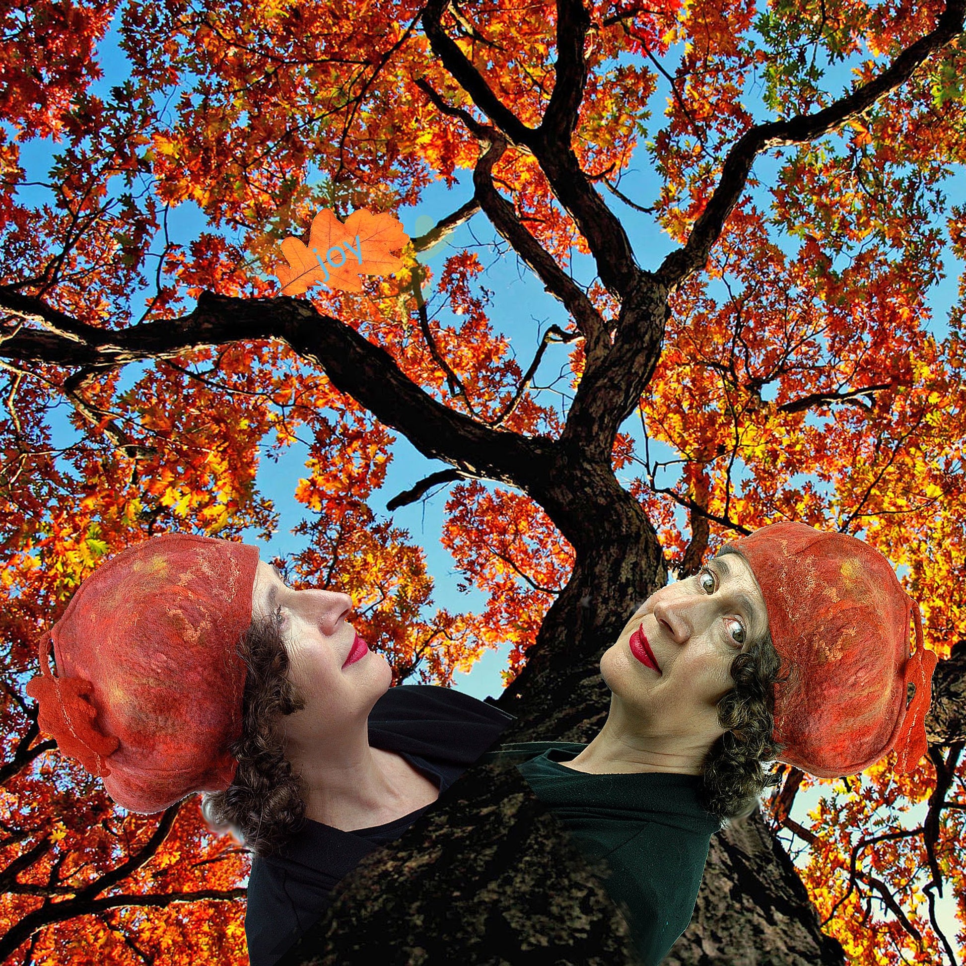 Orange Beret with digital collage of autumn trees in leaf.