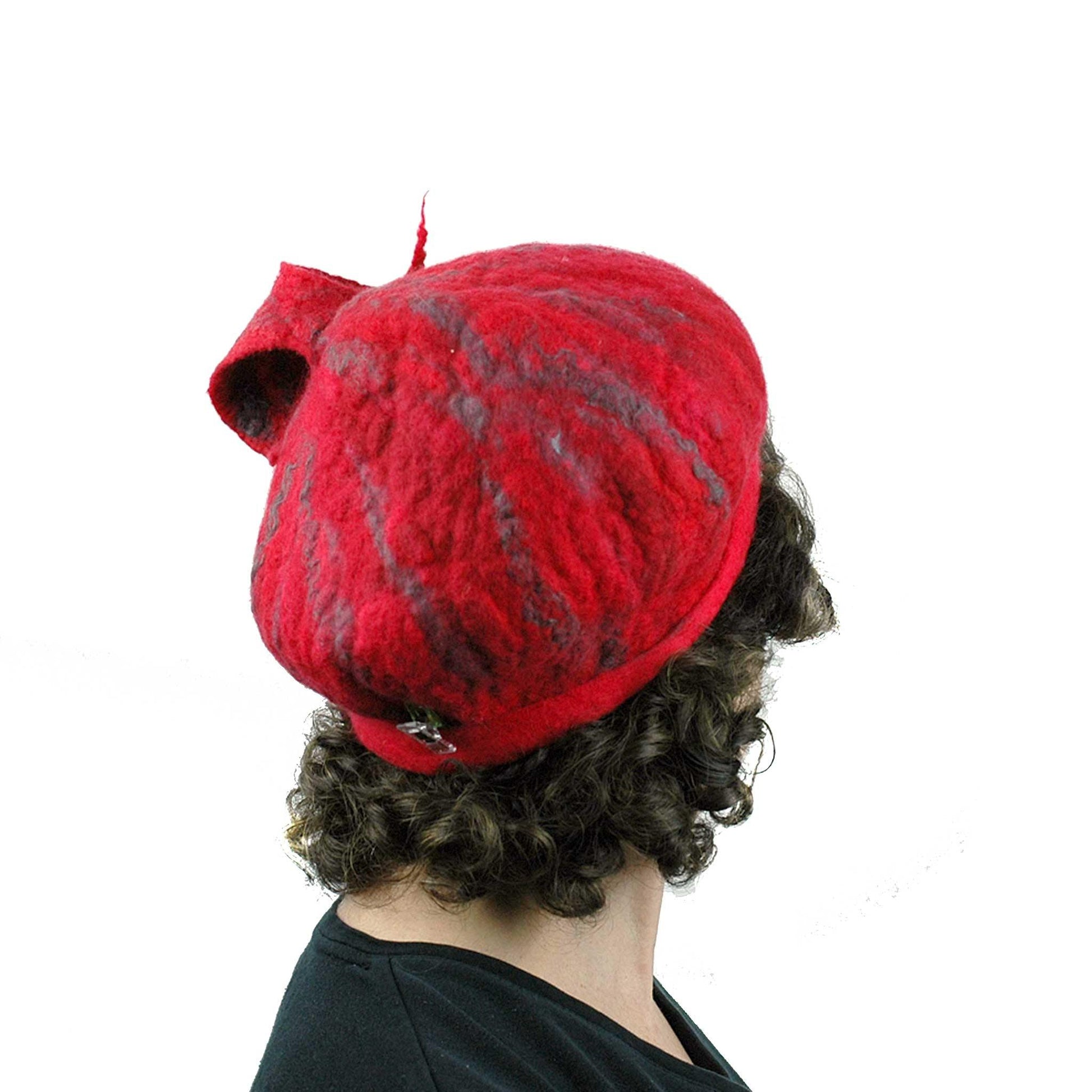 Fishtail Hat in Red with Gray Stripes - bacl view