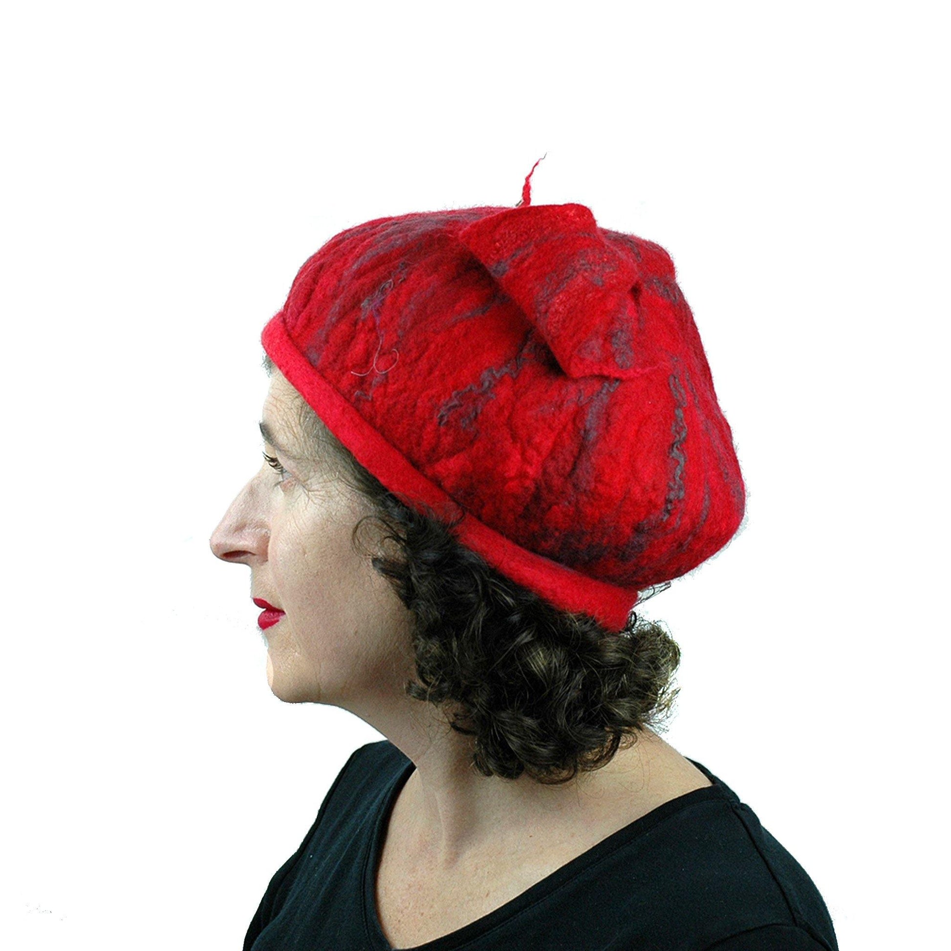 Fishtail Hat in Red with Gray Stripes - side view