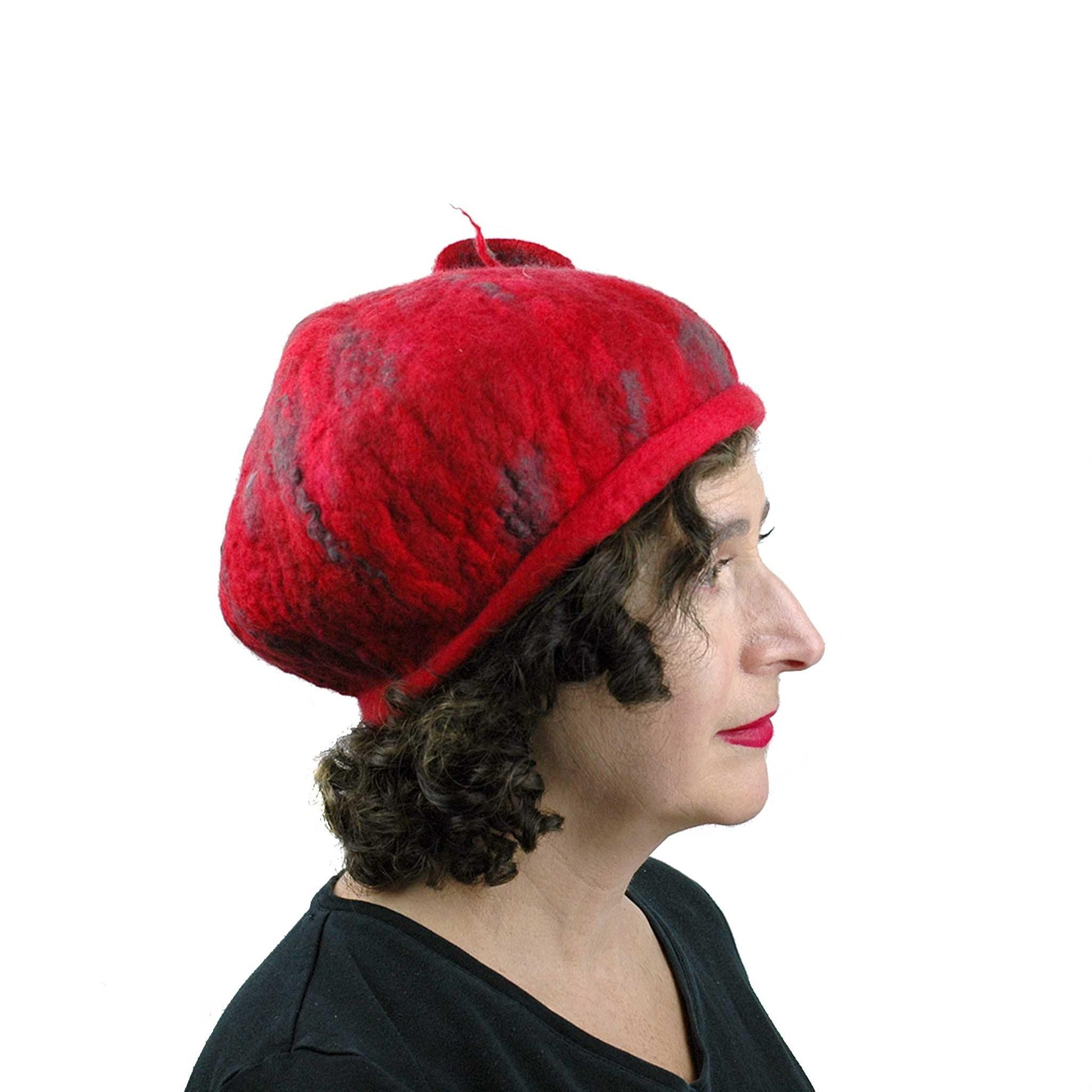 Fishtail Hat in Red with Gray Stripes - side view
