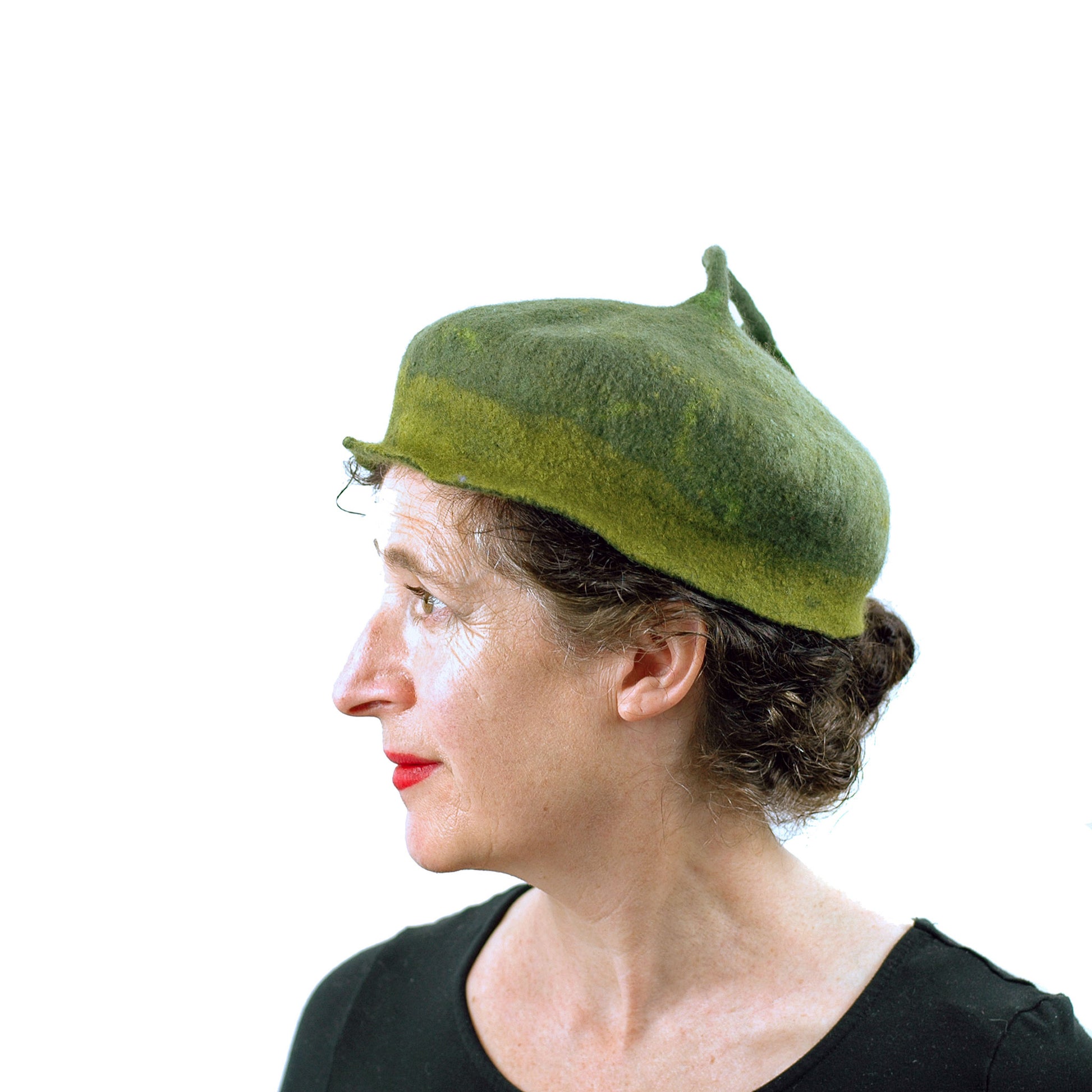 Green Forest Fairy Beret with Dancing Leaf - side view