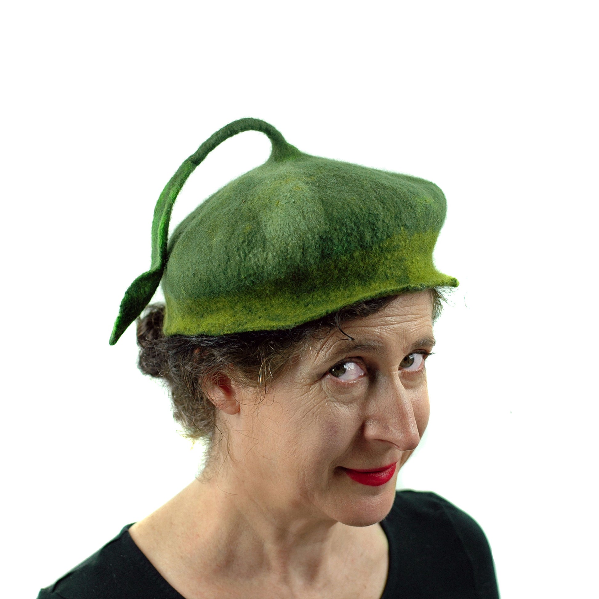 Green Forest Fairy Beret with Dancing Leaf - three quarters view 2