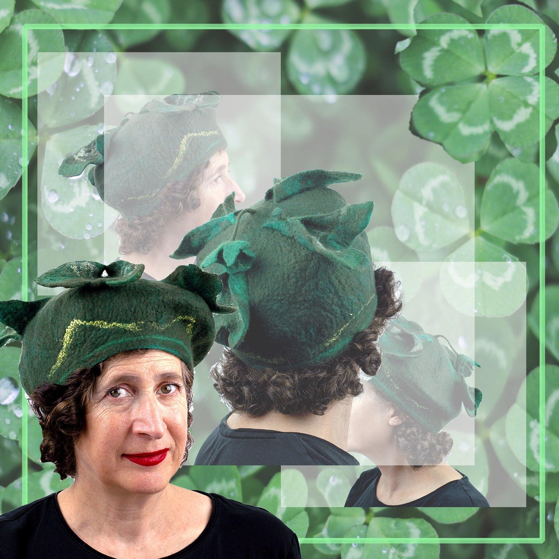 Four Leaf Clover Beret with collage of a field of lucky four leaf clover plants.