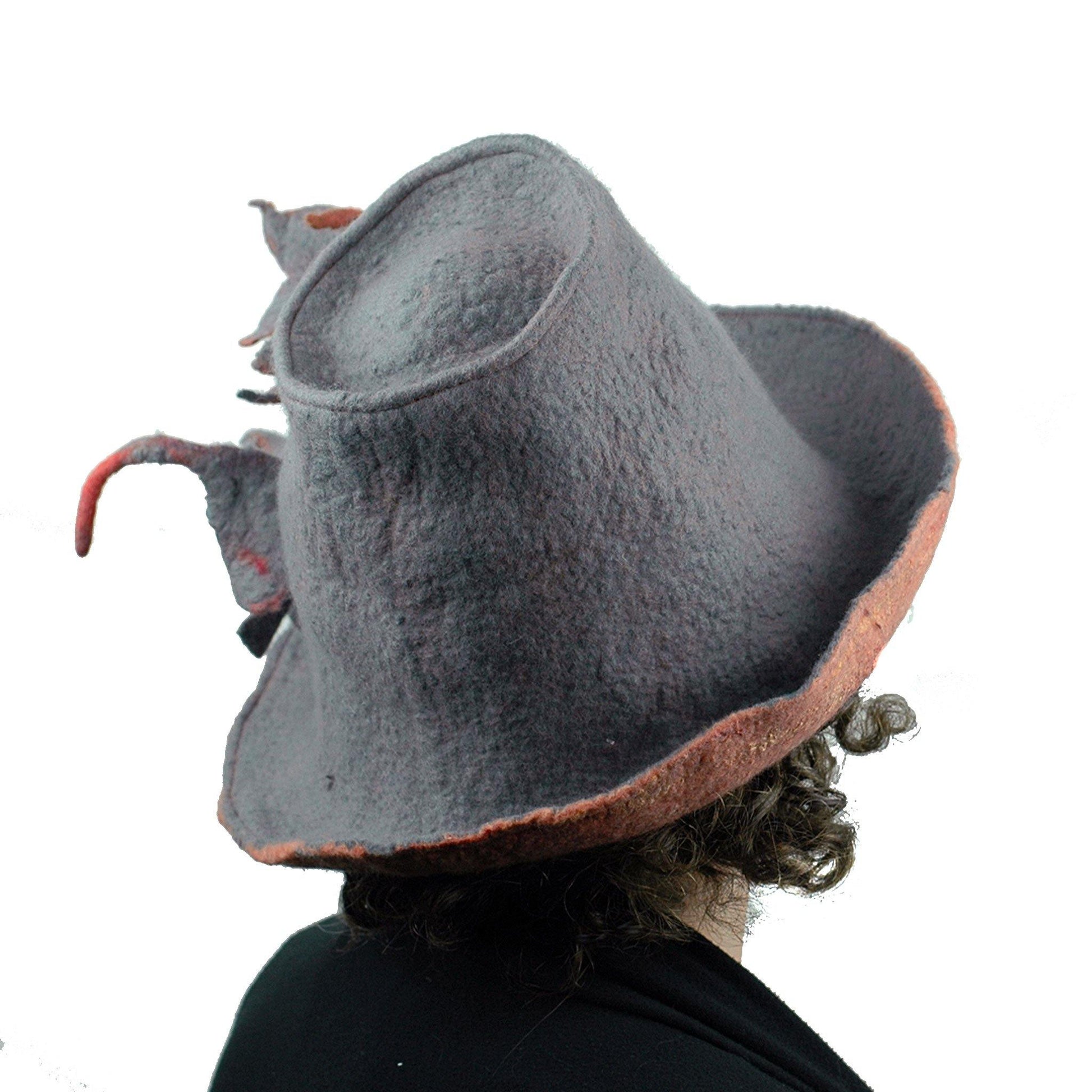Gray and Orange Leafy Felted Fedora Hat - backview