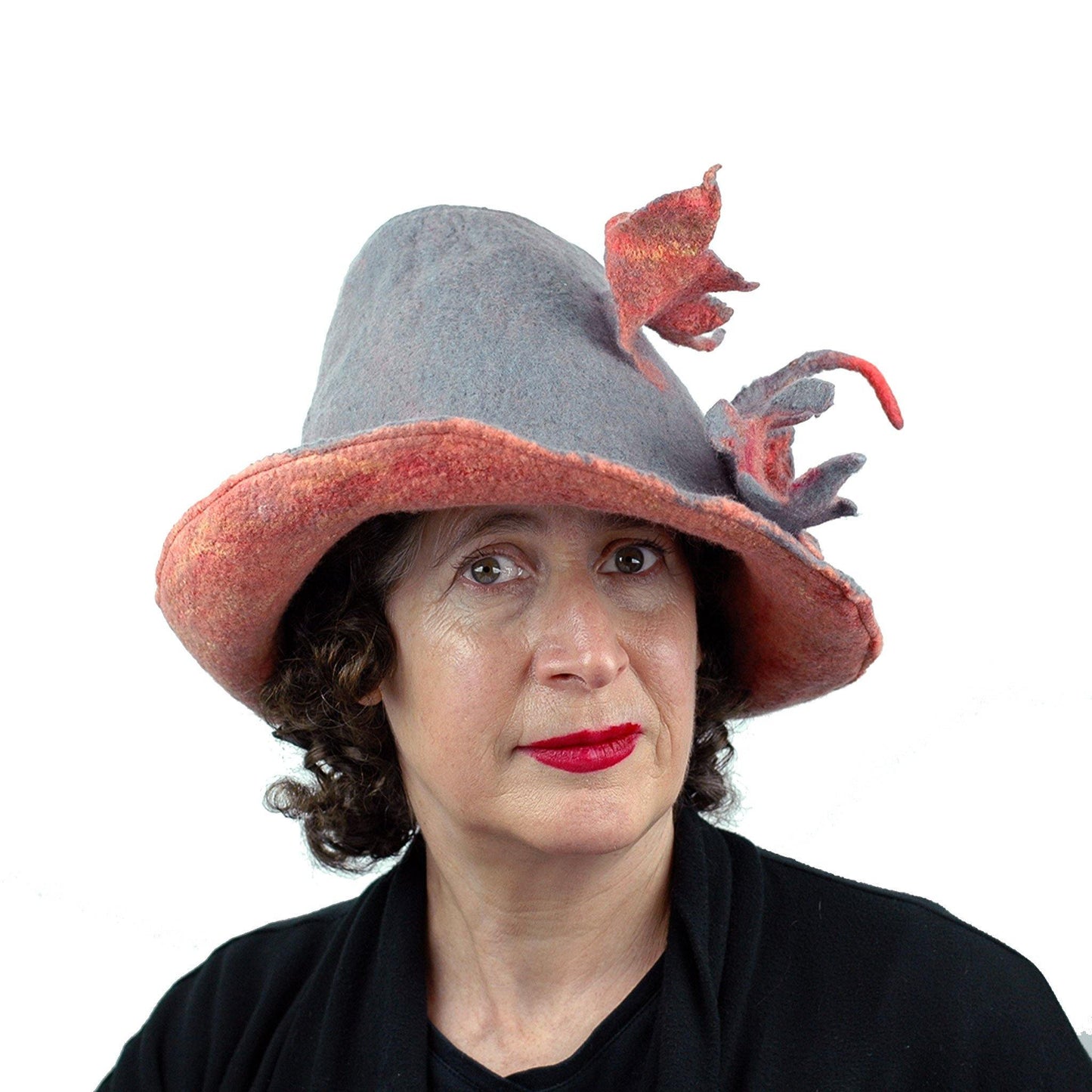 Gray and Orange Leafy Felted Fedora Hat - frontview