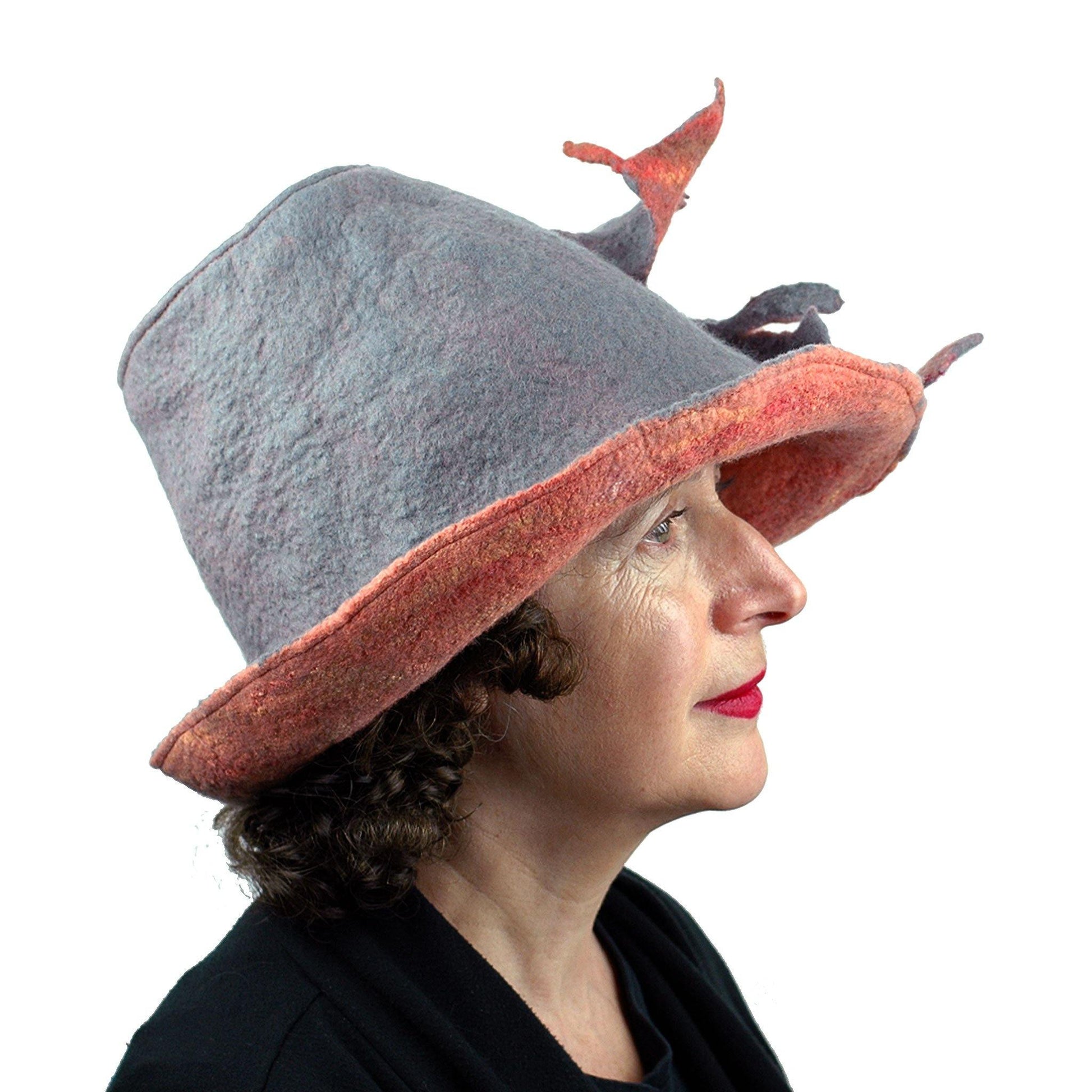 Gray and Orange Leafy Felted Fedora Hat - sideview