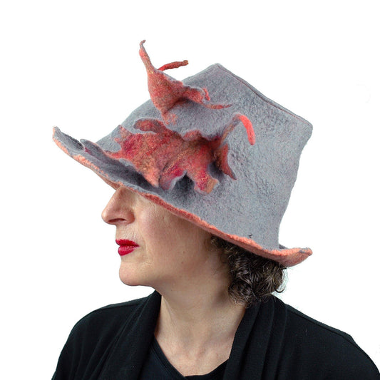 Gray and Orange Leafy Felted Fedora Hat - sideview