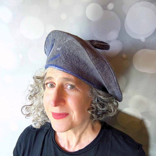 Gray Curlicue Beret with Dark Blue Marbling - frontview