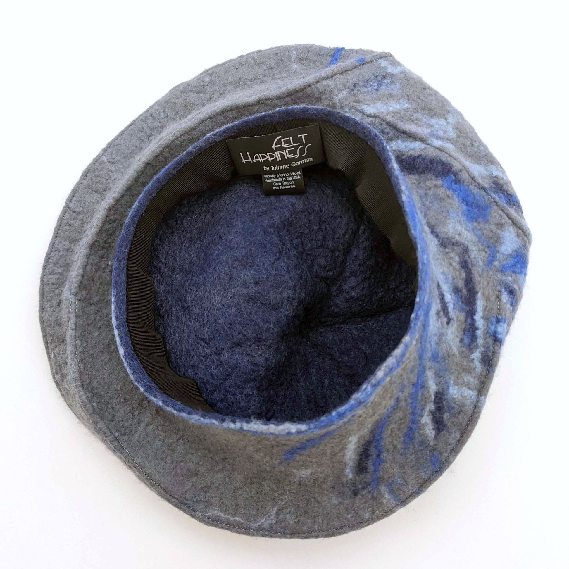 Gray Curlicue Beret with Dark Blue Marbling - insideview