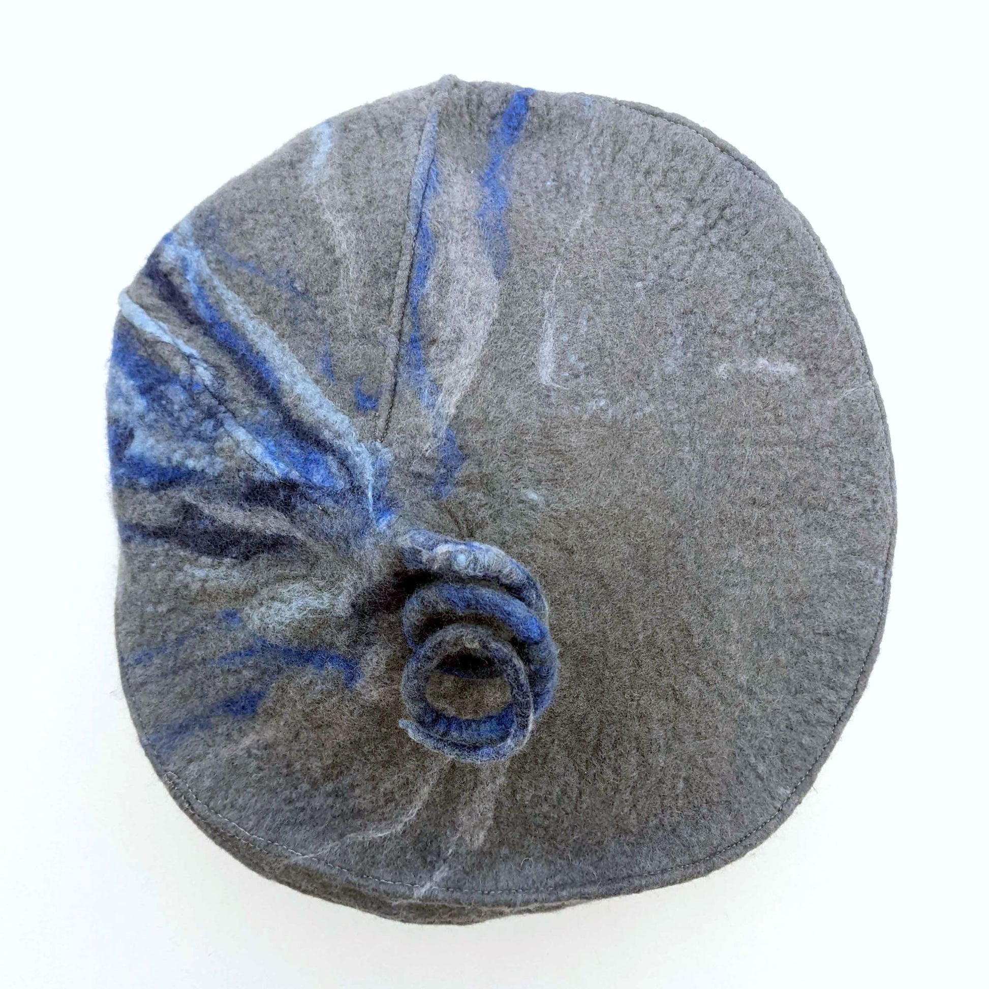 Gray Curlicue Beret with Dark Blue Marbling - topview