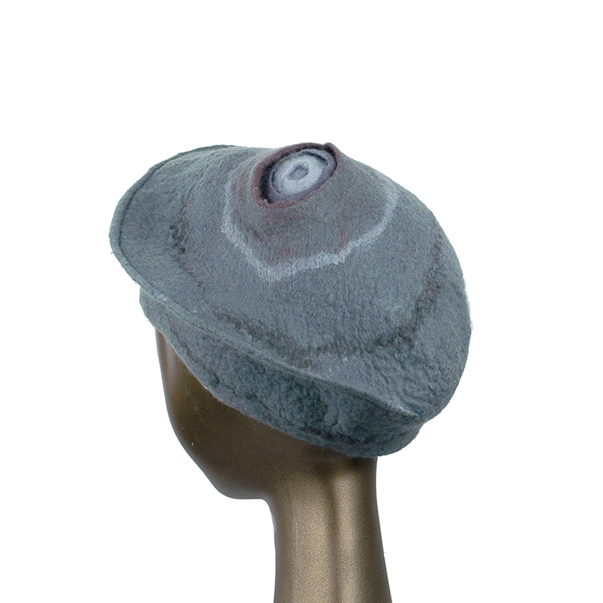 Gray Felted Beret with Crater on Top - back view