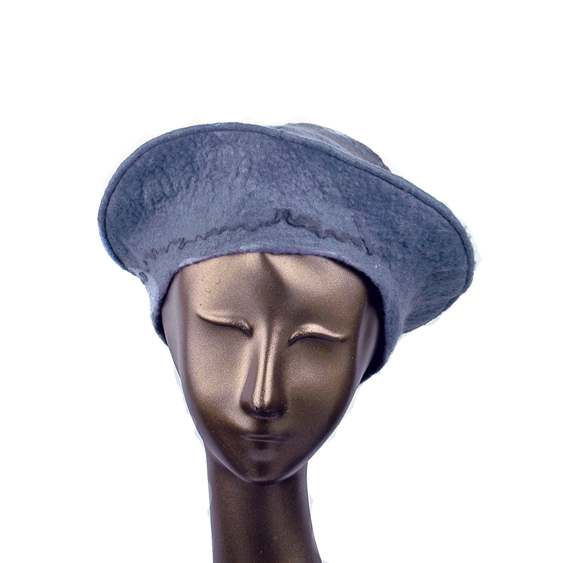 Gray Felted Beret with Crater on Top - front view