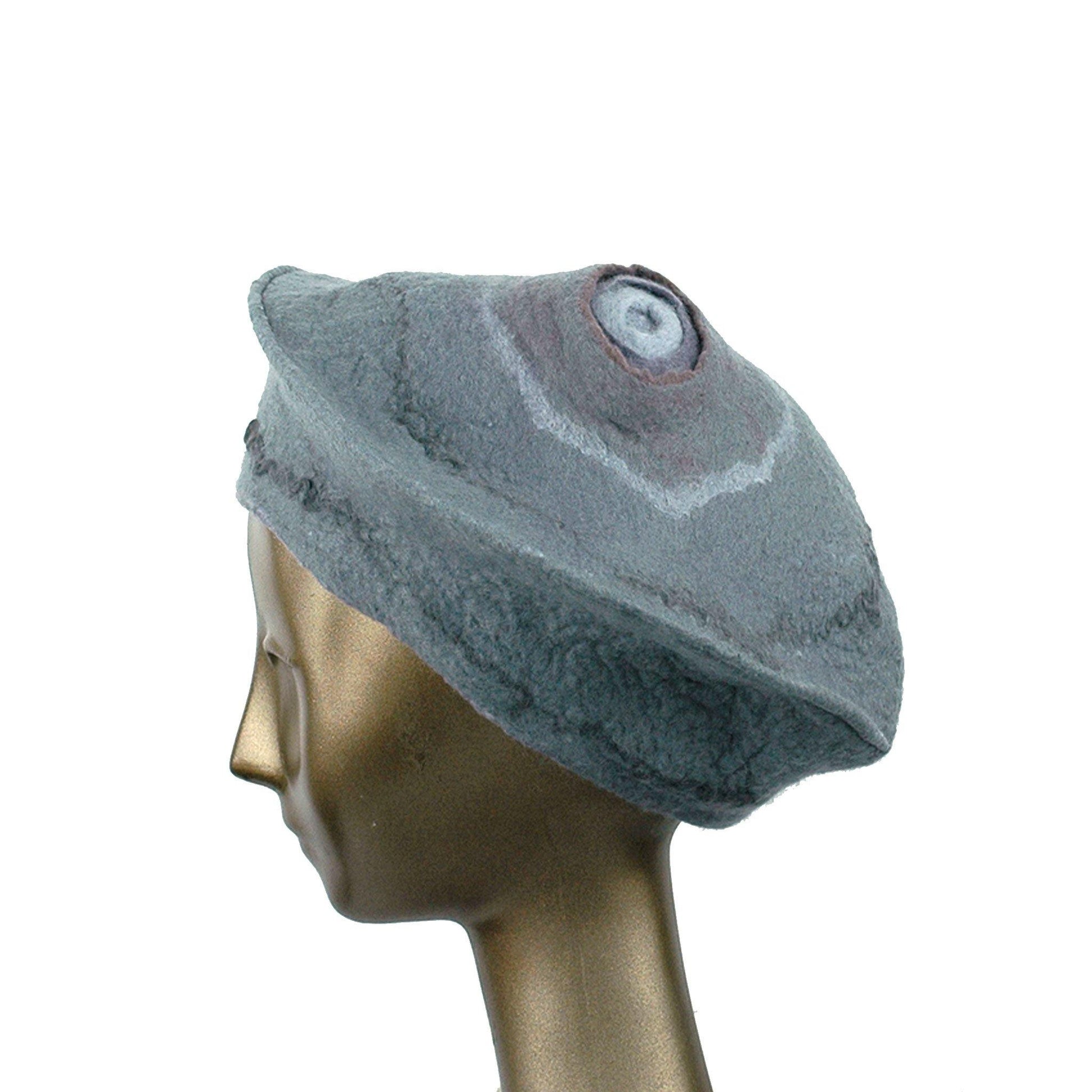 Gray Felted Beret with Crater on Top - side view