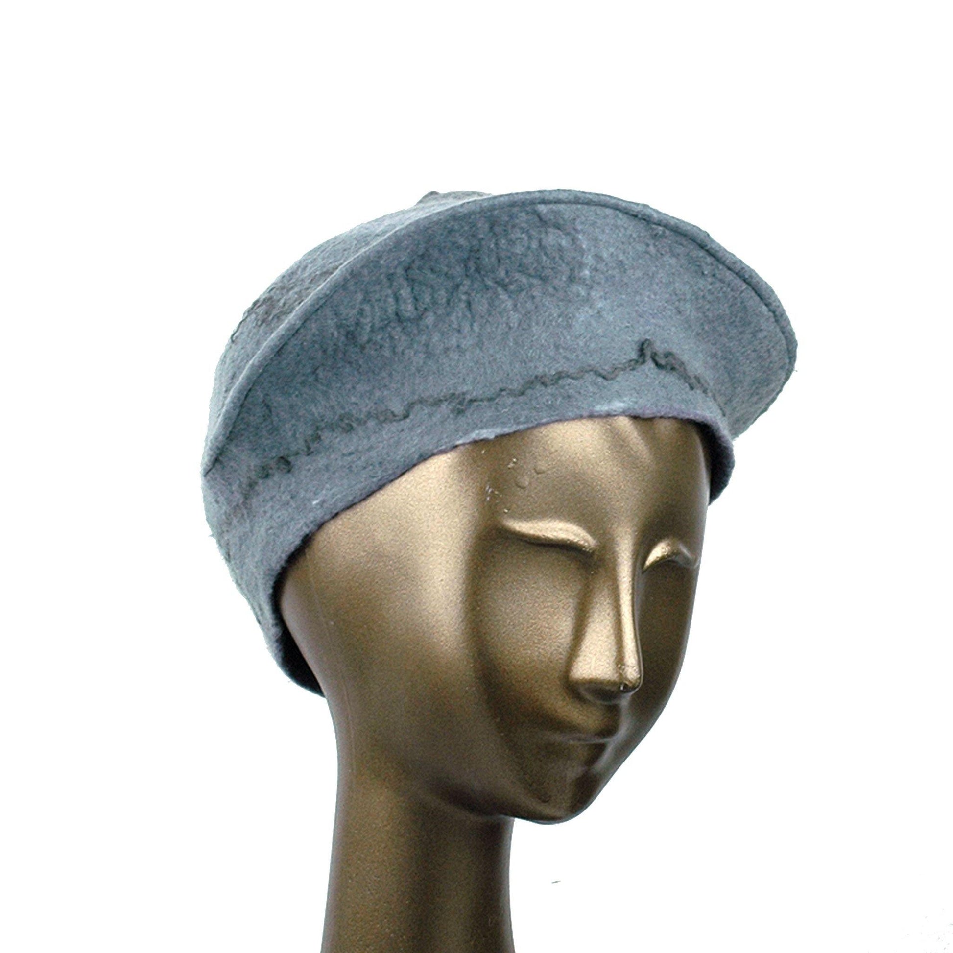 Gray Felted Beret with Crater on Top - three quarters view