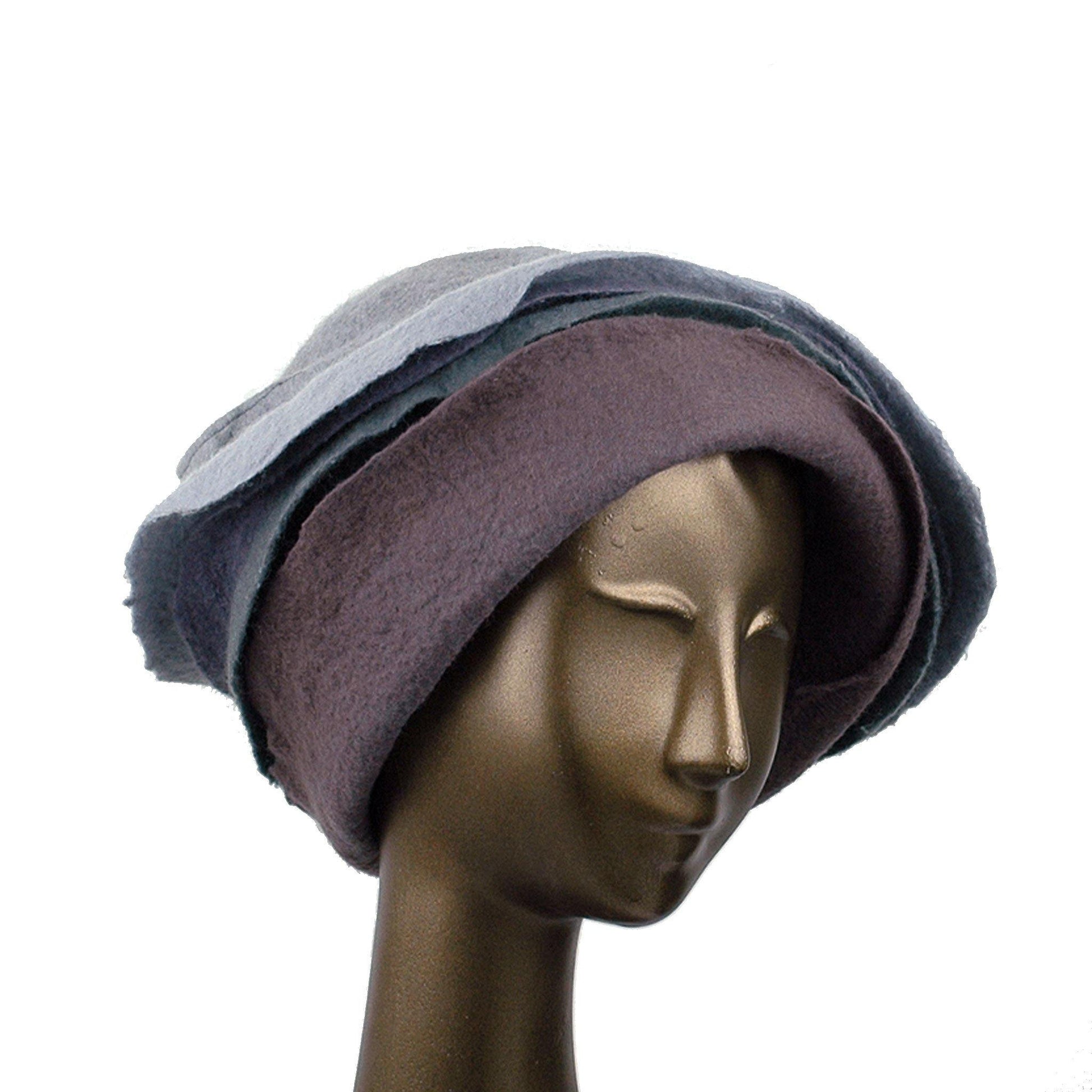 Gray Felted Cloche with Seashell Layered Brim - three quarters view