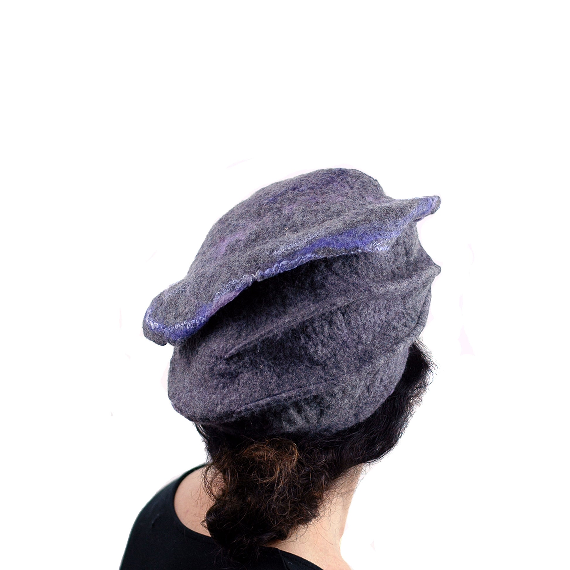 Gray Gotland Wool Beret with Purple Ruffle - back view