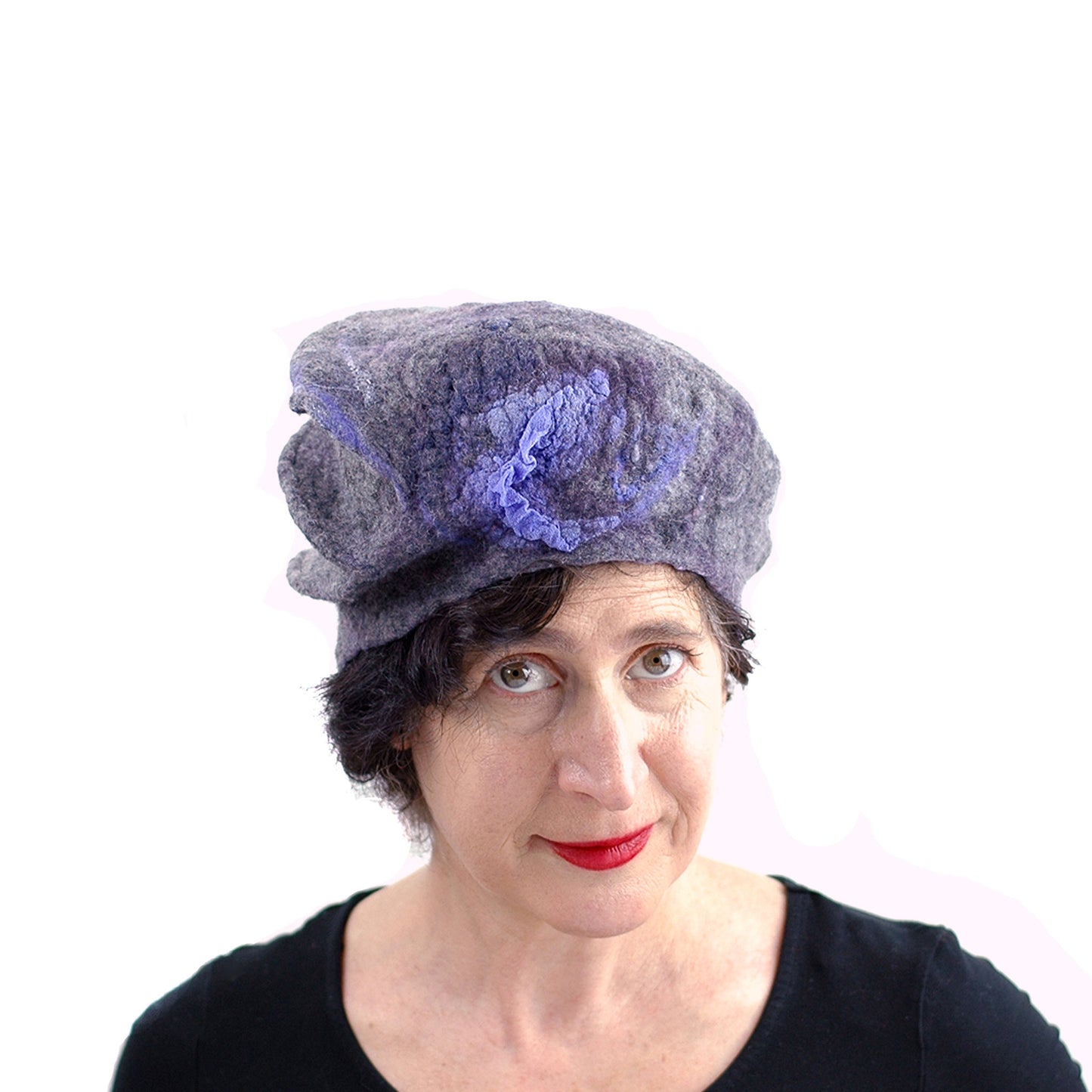 Gray Gotland Wool Beret with Purple Ruffle - front view