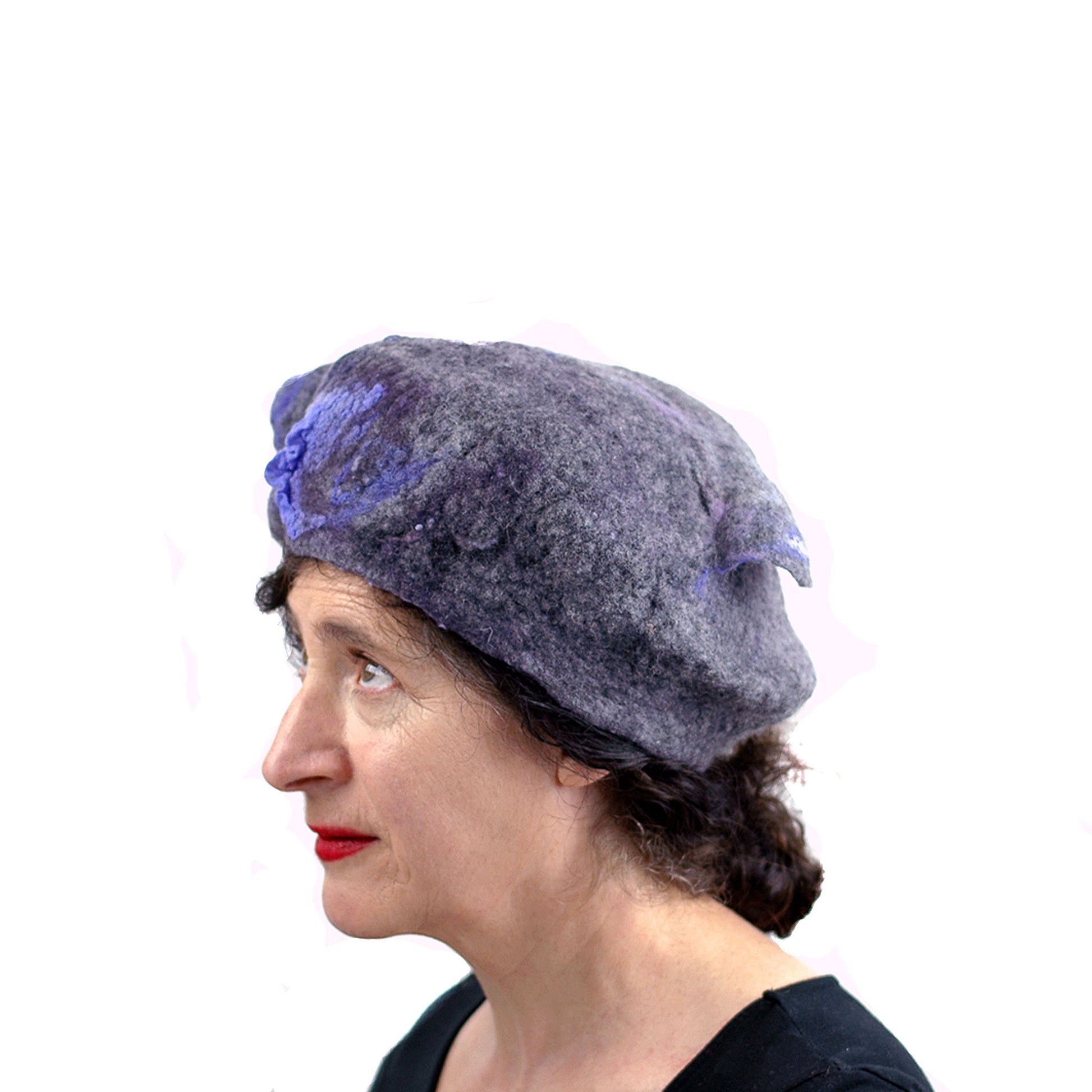 Gray Gotland Wool Beret with Purple Ruffle - another side view