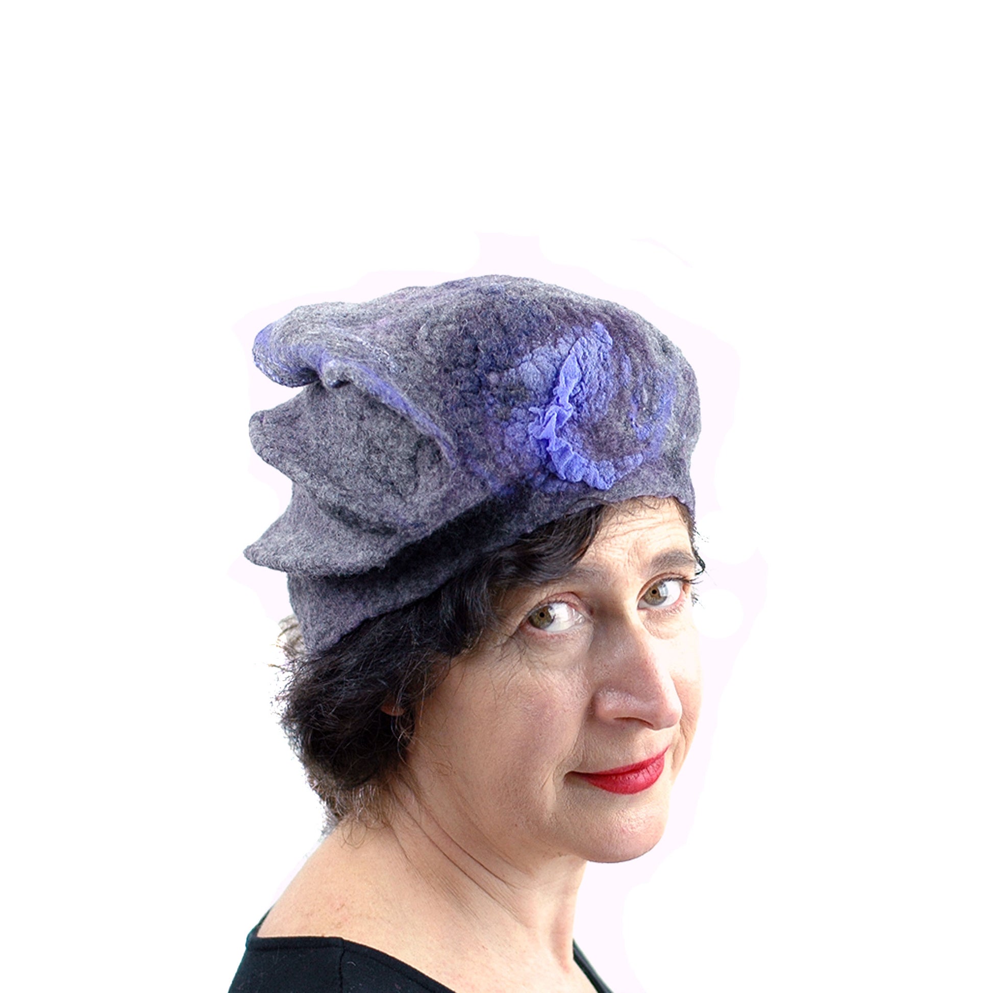 Gray Gotland Wool Beret with Purple Ruffle - side view