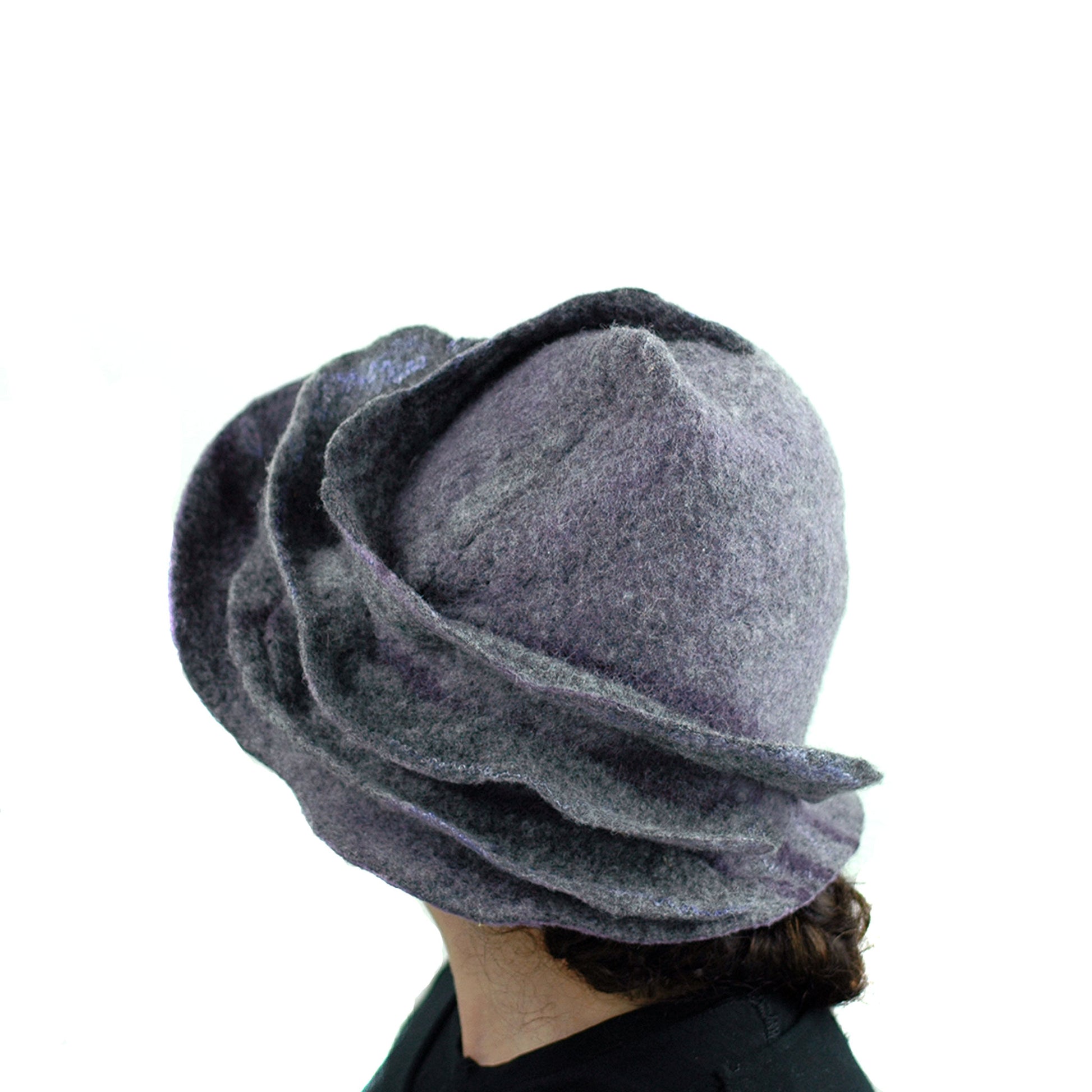 Purple and Gray, Gotland Wool Brimmed Hat with Ruffles - side view 2