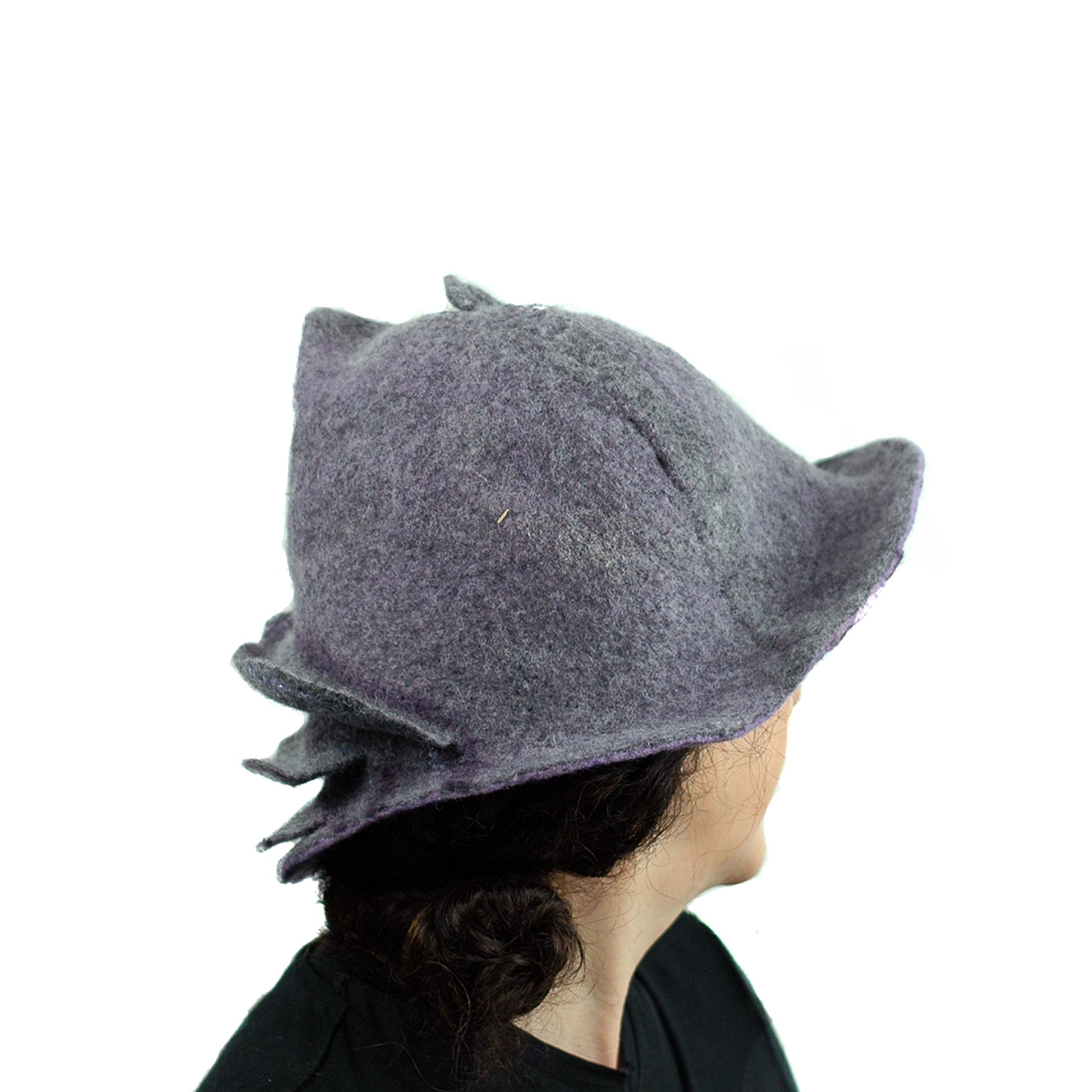 Purple and Gray, Gotland Wool Brimmed Hat with Ruffles - back view
