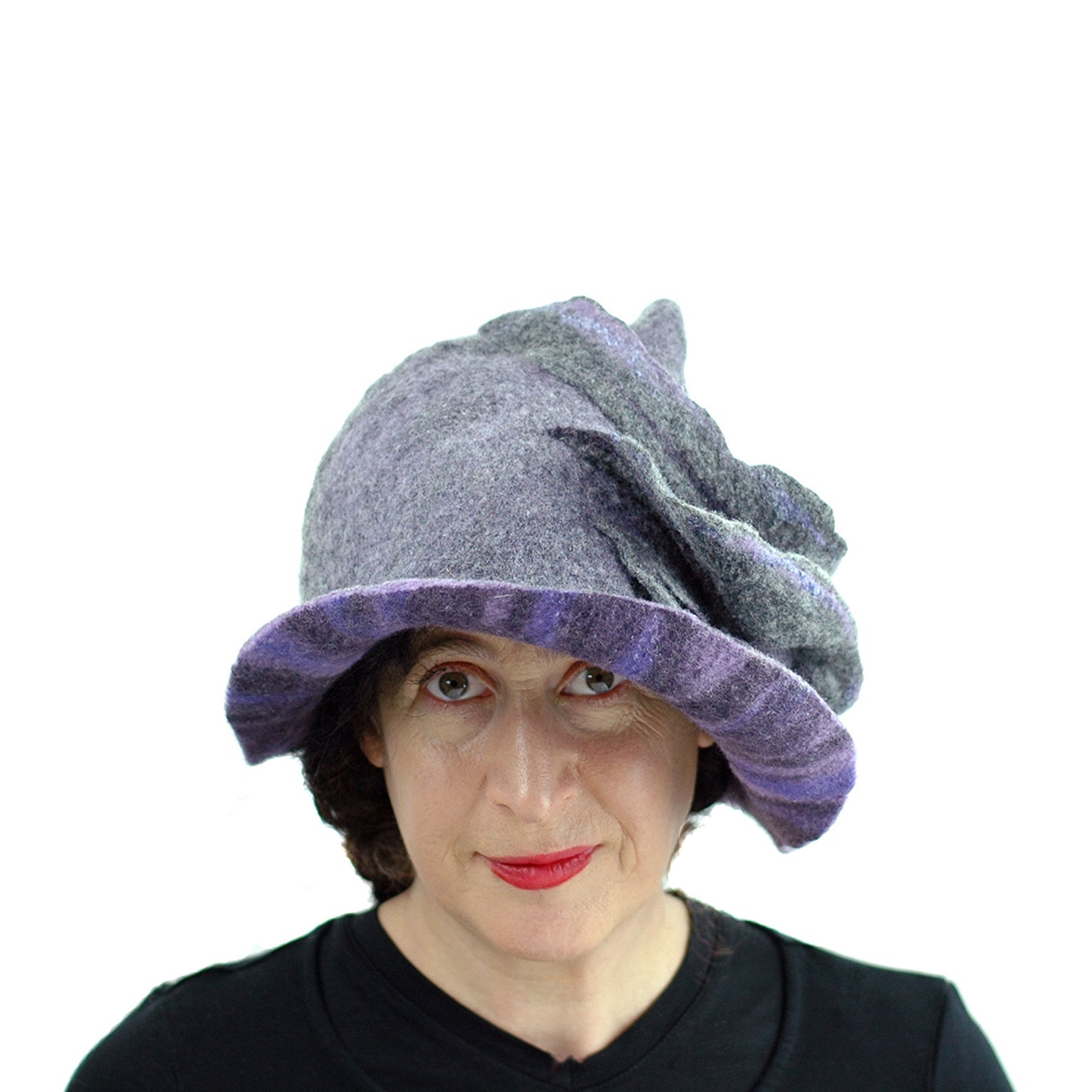 Purple and Gray, Gotland Wool Brimmed Hat with Ruffles - front view 2