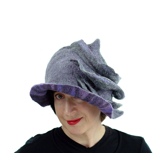 Purple and Gray, Gotland Wool Brimmed Hat with Ruffles - front view