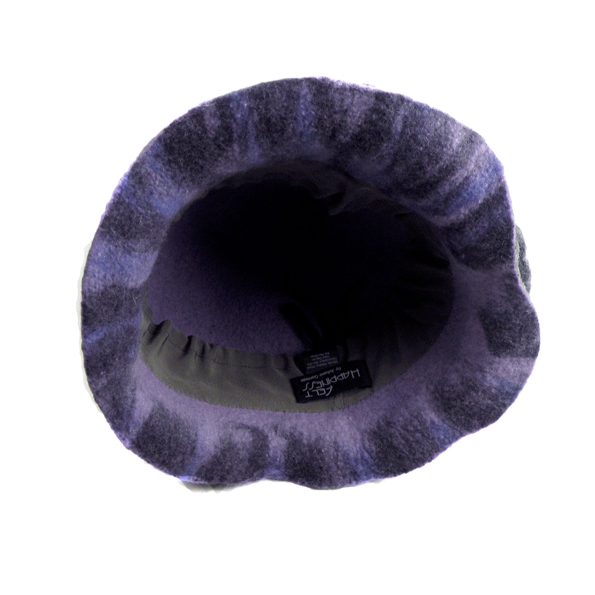 Purple and Gray, Gotland Wool Brimmed Hat with Ruffles - inside view