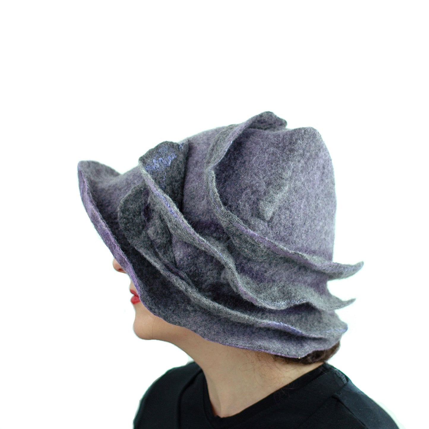 Purple and Gray, Gotland Wool Brimmed Hat with Ruffles - side view 1