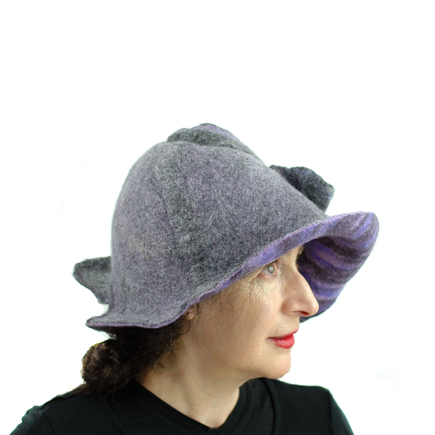 Purple and Gray, Gotland Wool Brimmed Hat with Ruffles - side view 3