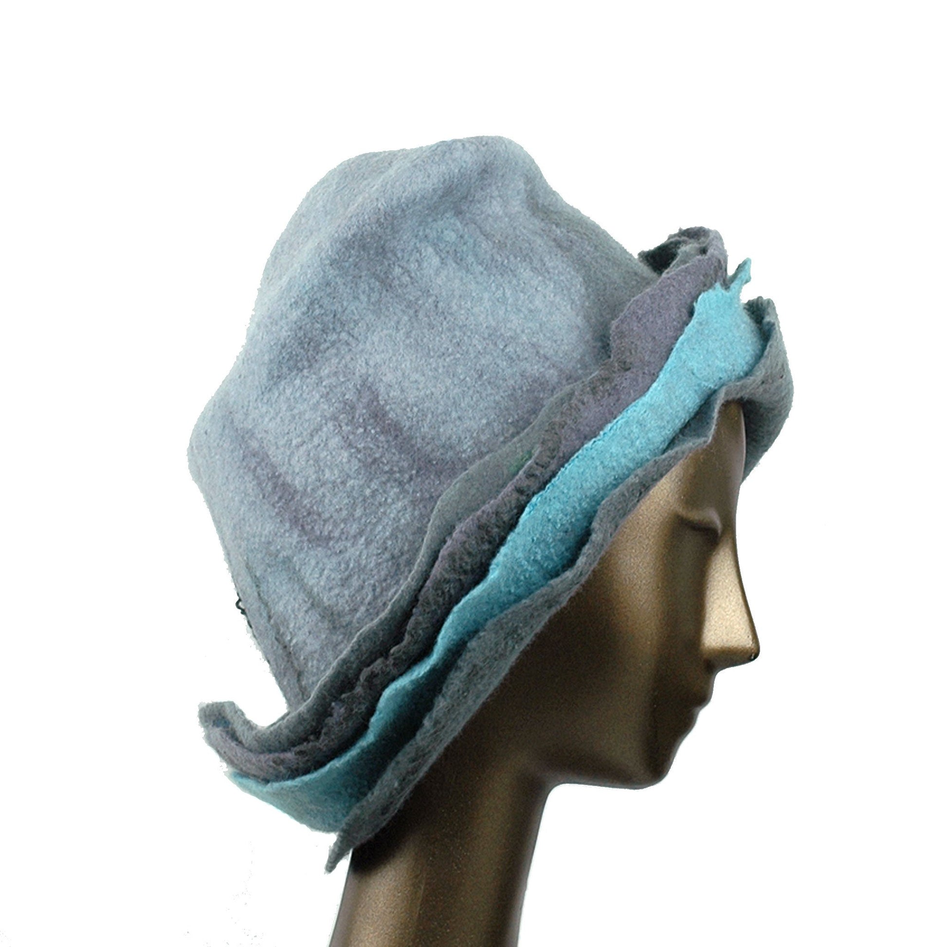 Gray Wide Brimmed Felted Hat with Organic Layers - side view