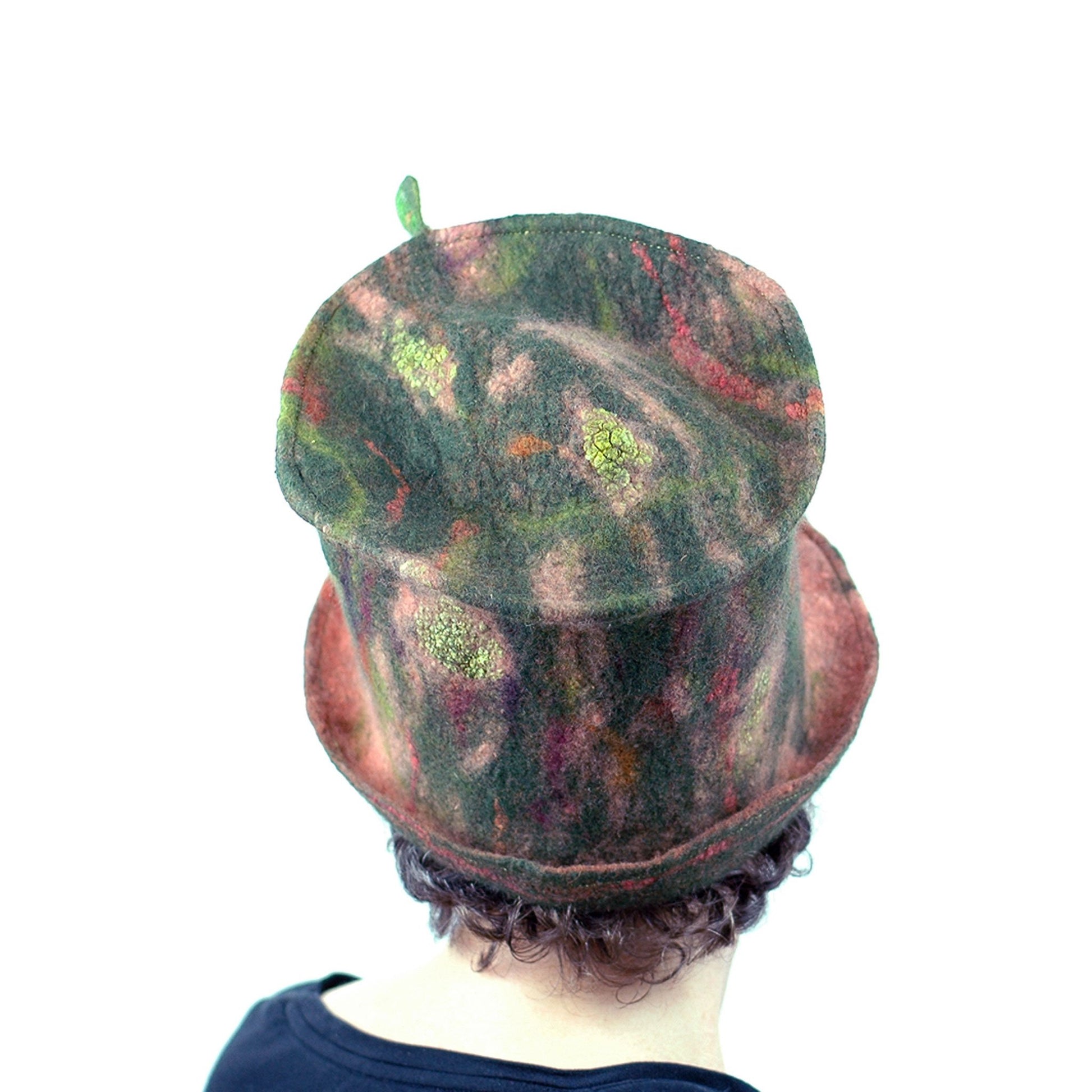 Green and Orange Felted Top Hat with Vertical Ruffles - back view