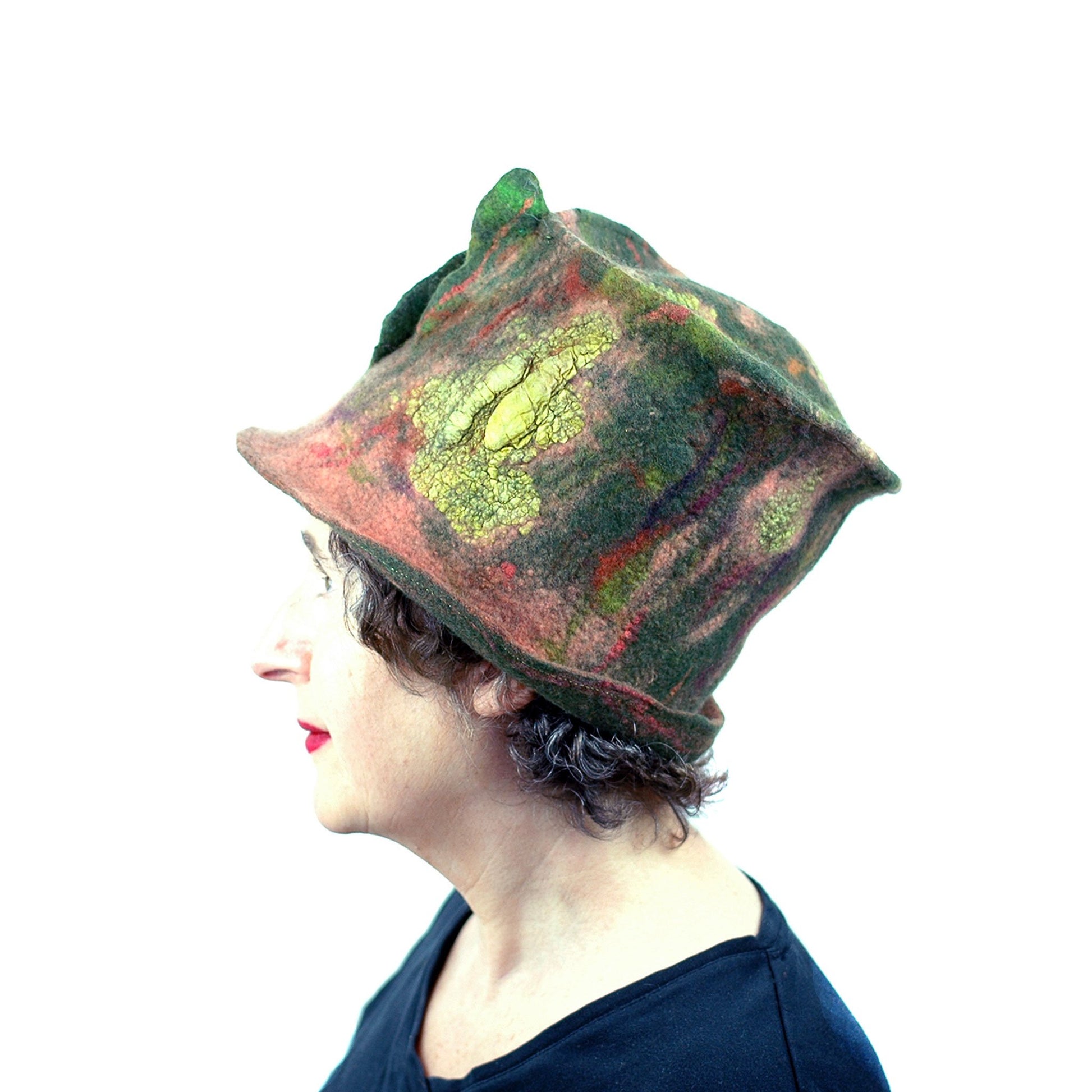 Green and Orange Felted Top Hat with Vertical Ruffles - side view