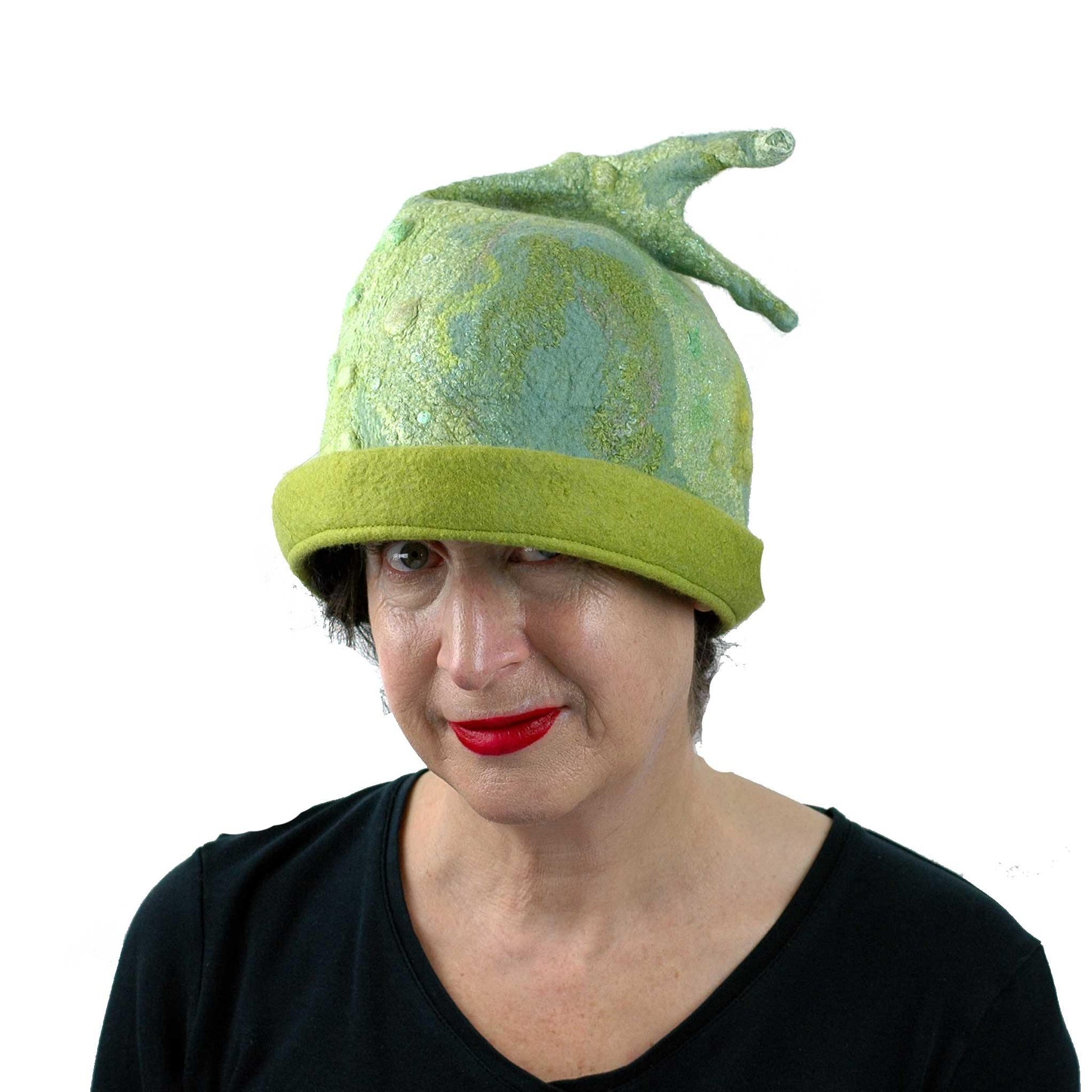 Green Beanie Hat with Sculptural Fish Tail - Extra Large Size Hat -Front View