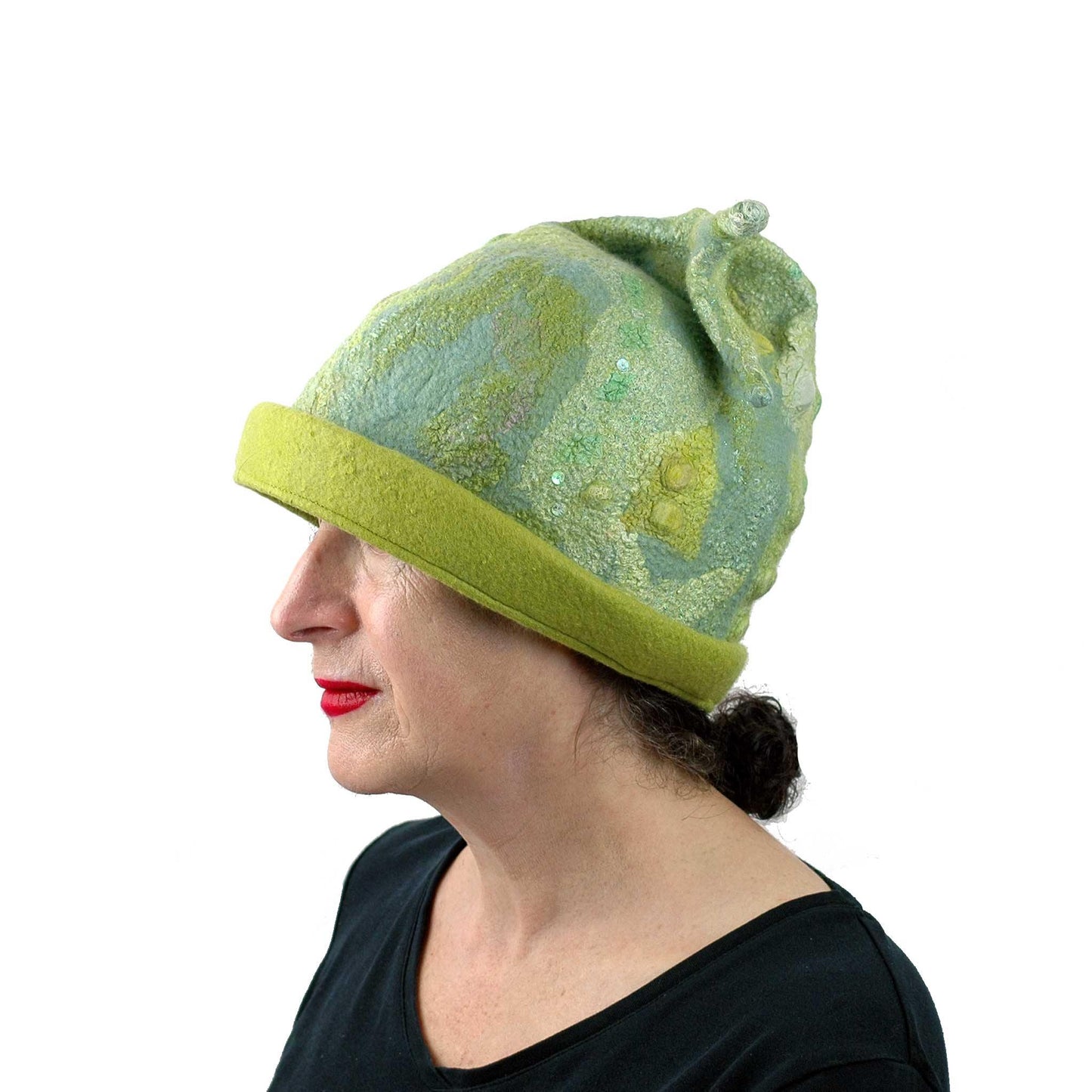 Green Beanie Hat with Sculptural Fish Tail - Extra Large Size Hat -Side View